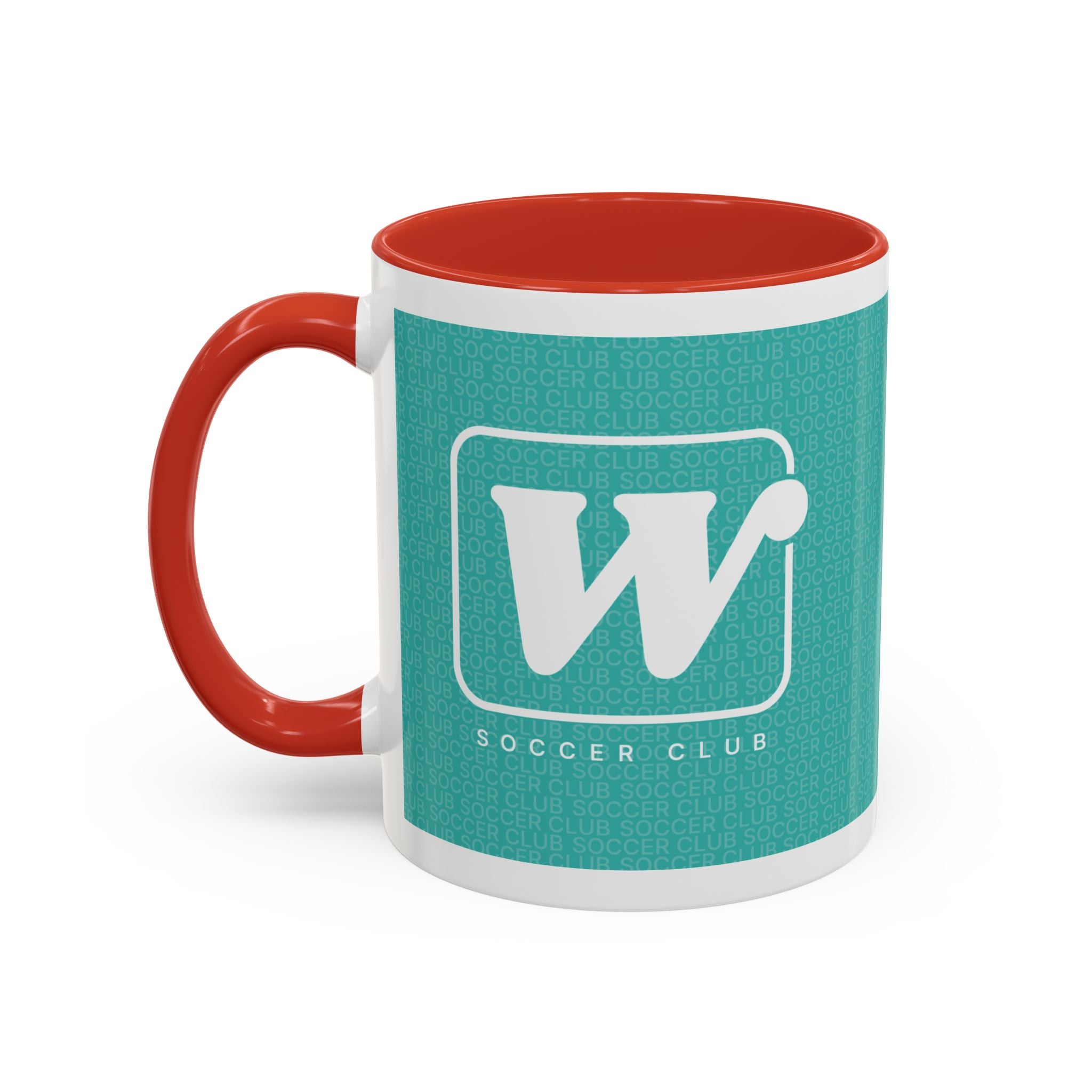 Red W Soccer Club ceramic accent mug, with a teal wraparound soccer club design and the bold 'W' logo 