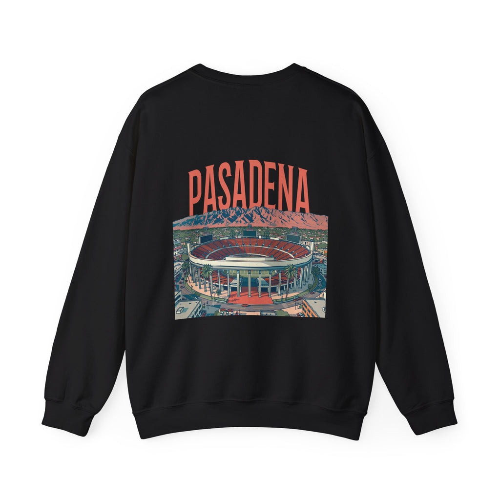 Black crewneck sweatshirt shown from the back featuring a graphic print of a stadium with the word 'Pasadena' above it