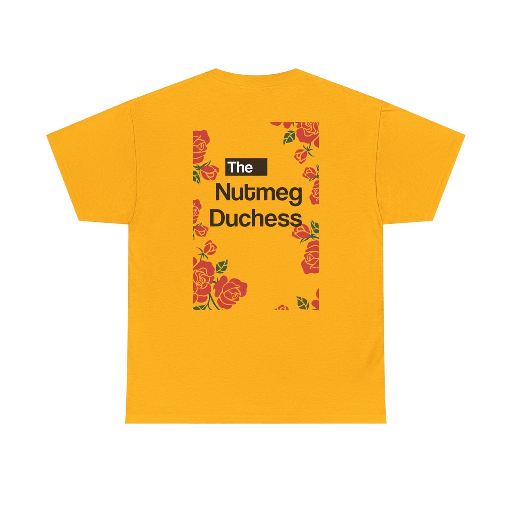 Gold Nutmeg Duchess t-shirt with a framed red rose graphic and vintage soccer street style typography
