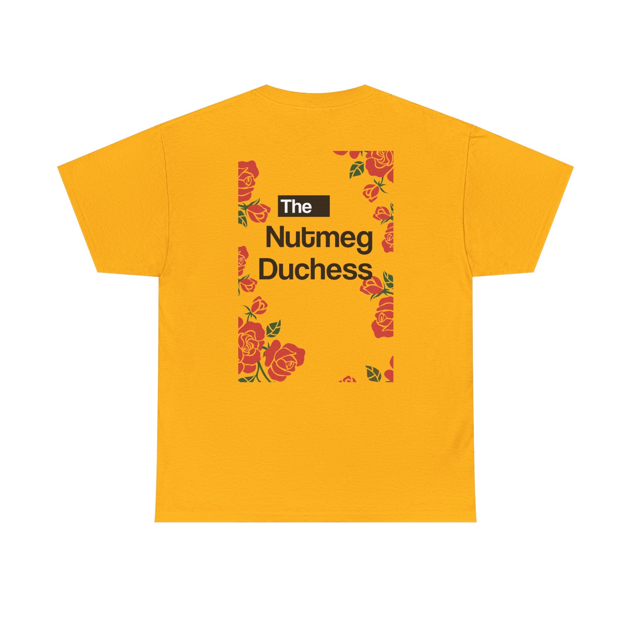 Gold Nutmeg Duchess t-shirt with a framed red rose graphic and vintage soccer street style typography