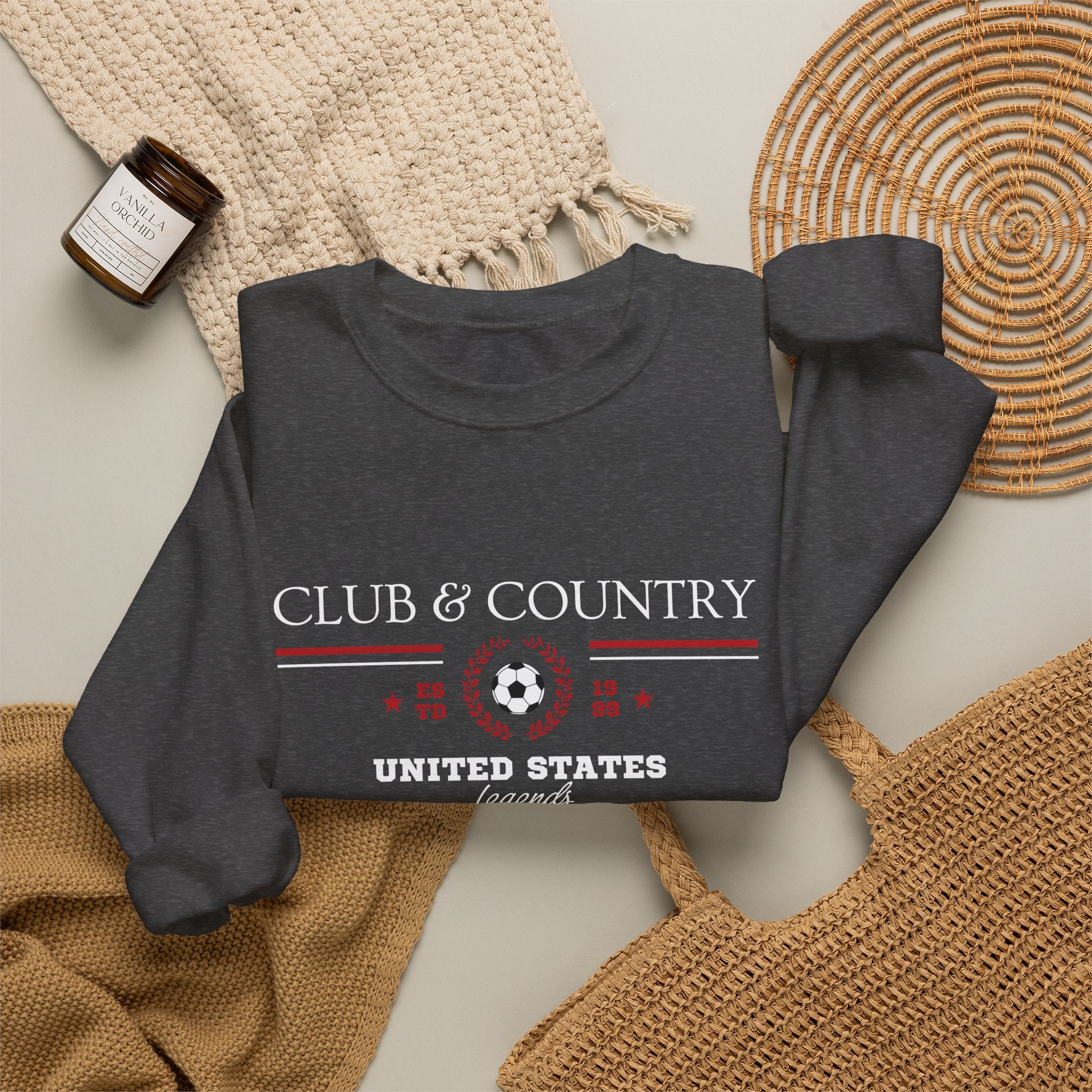 Dark Heather Club & Country oversized crewneck pullover, 90s style preppy soccer apparel