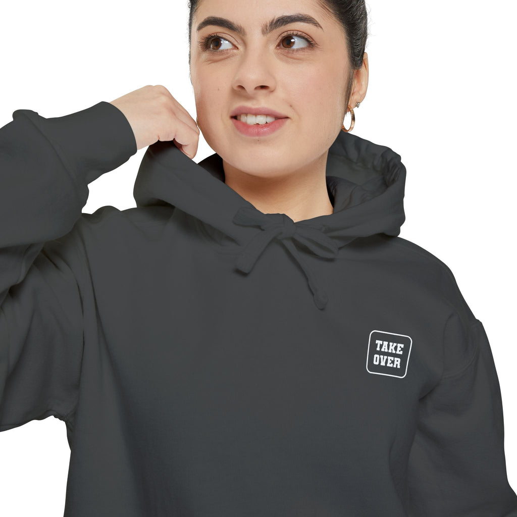 Pepper hoodie with chest logo on the front and list of cities on the back