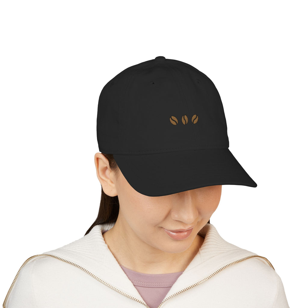 Black unstructured beige baseball cap with three embroidered coffee beans across the front