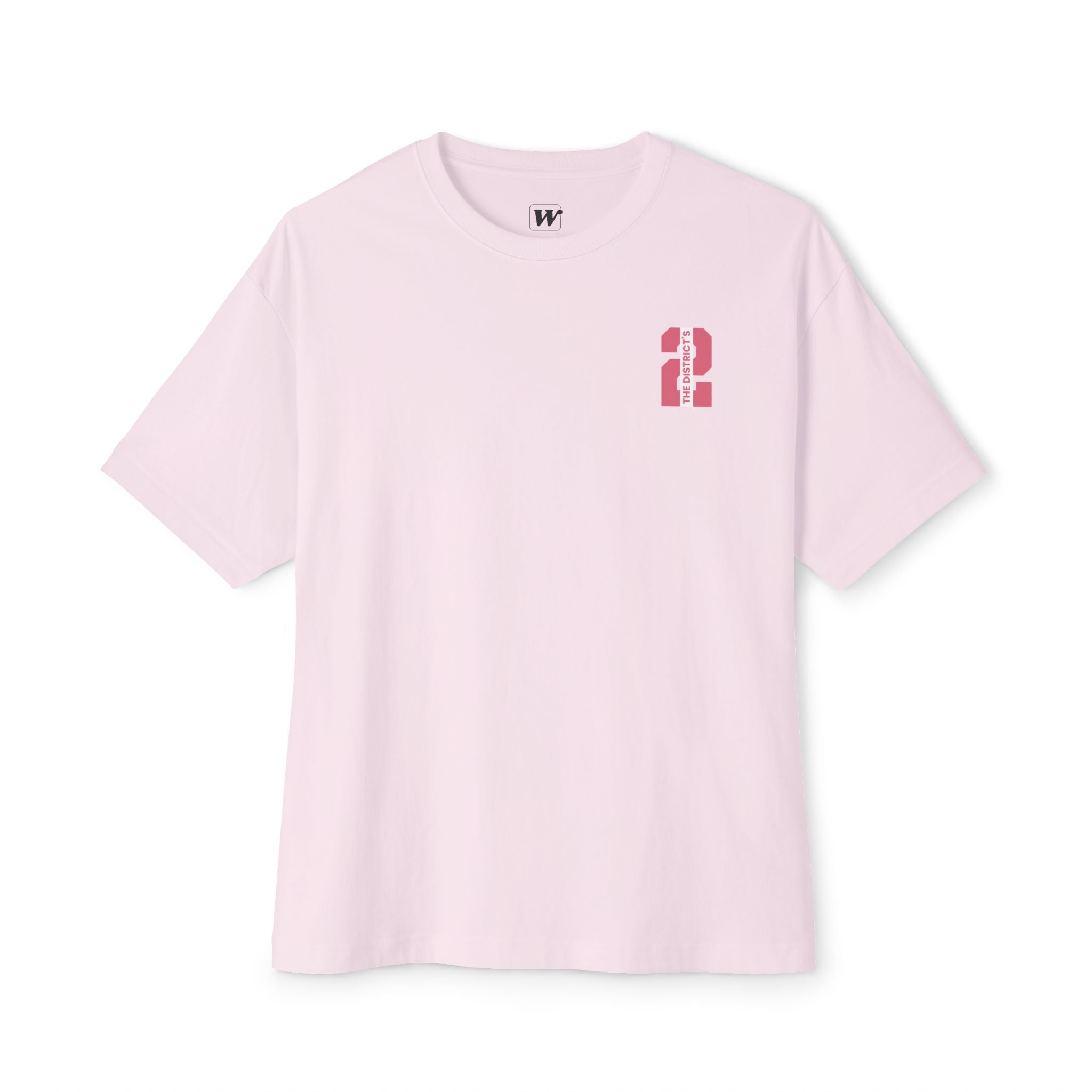 Soft Pink heavyweight boxy t-shirt front view featuring a minimal "The District's 2" graphic printed on the left chest.
