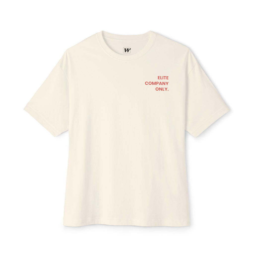 Natural colored 'Elite Company Only' boxy t-shirt featuring a 50 Goals Club graphic print on the back