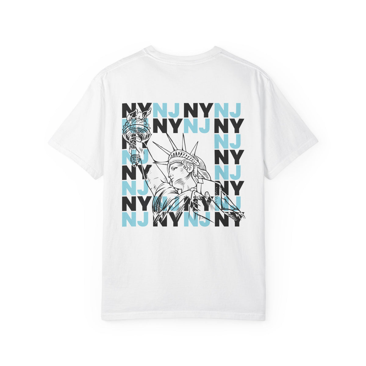White heavyweight graphic t-shirt showing back print with Statue of Liberty sketch and repeating NY and NJ typographic pattern