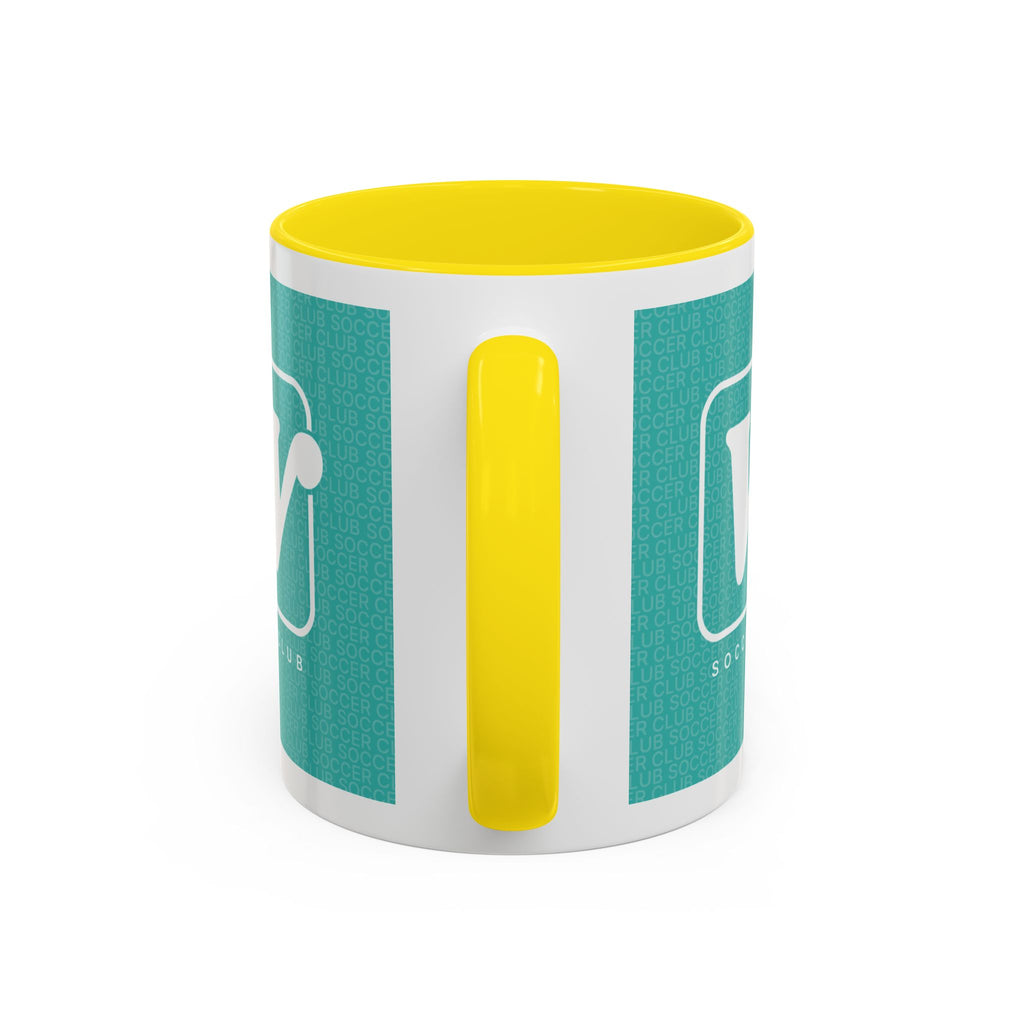 Yellow W Soccer Club ceramic accent mug, with a teal wraparound soccer club design and the bold 'W' logo 