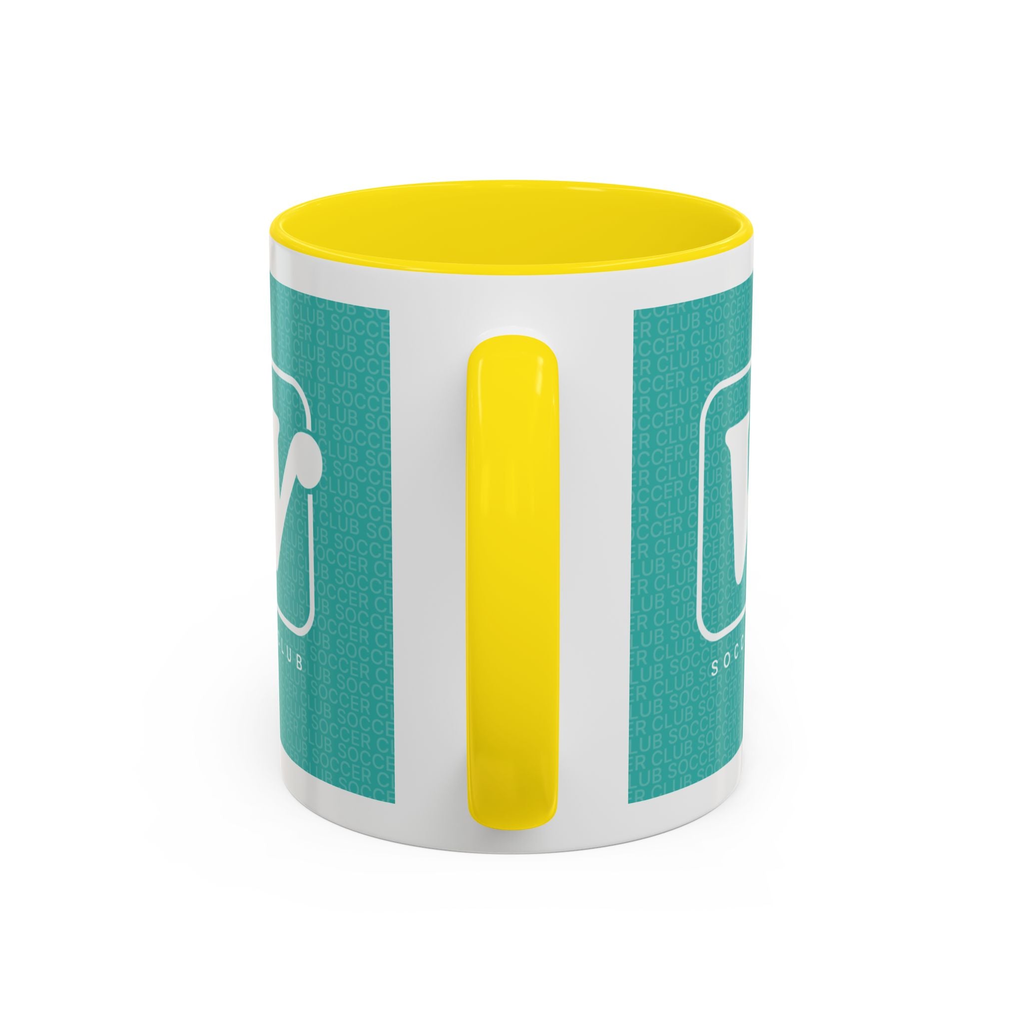 Yellow W Soccer Club ceramic accent mug, with a teal wraparound soccer club design and the bold 'W' logo 