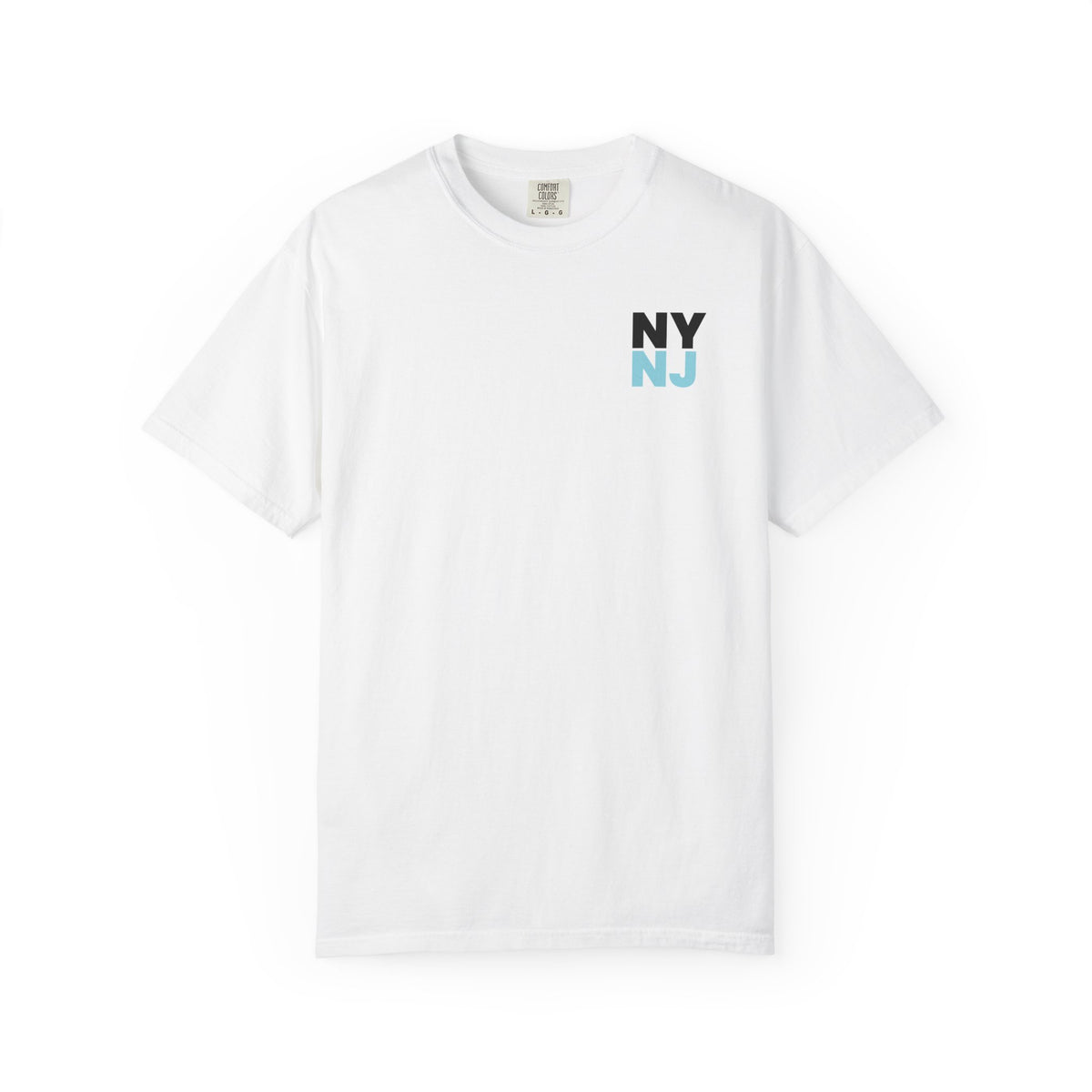 White heavyweight t-shirt showing a NY and NJ typography graphic