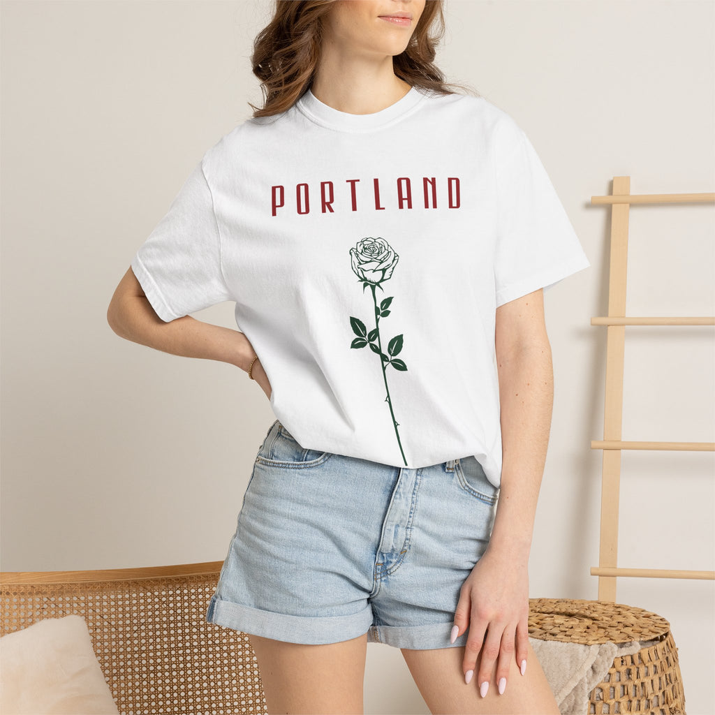 White short-sleeve t-shirt with vintage Portland rose graphic print
