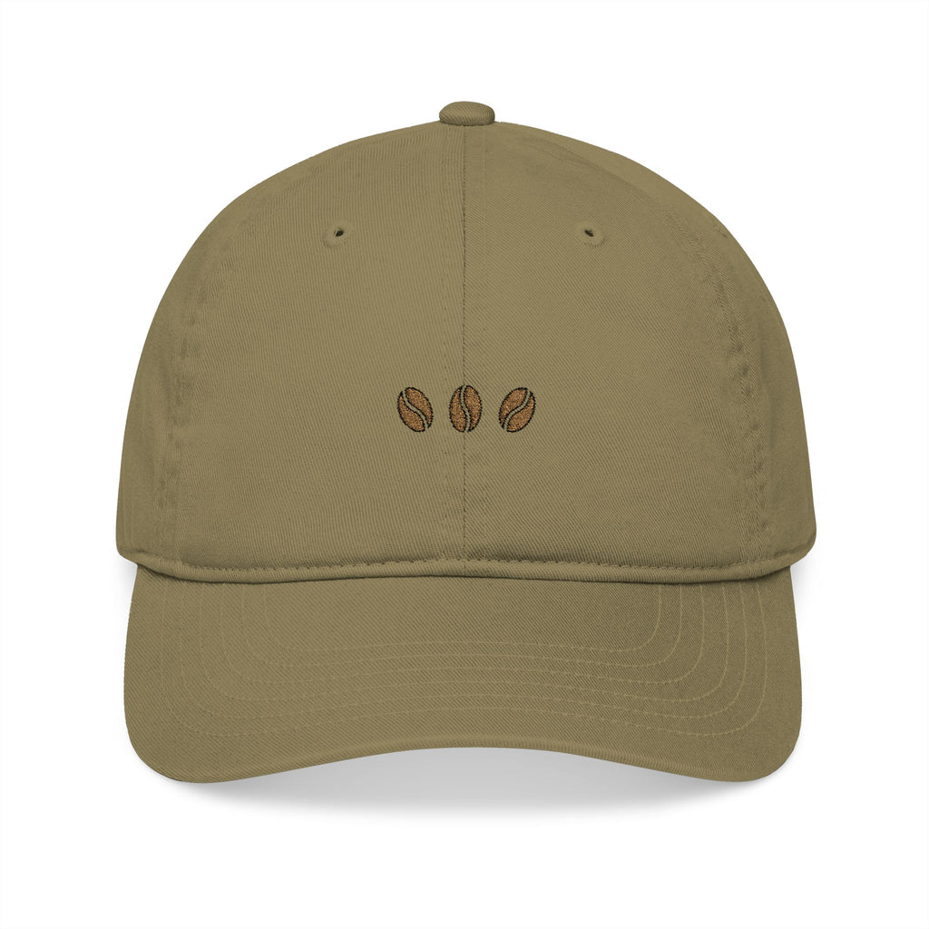 Jungle unstructured beige baseball cap with three embroidered coffee beans across the front