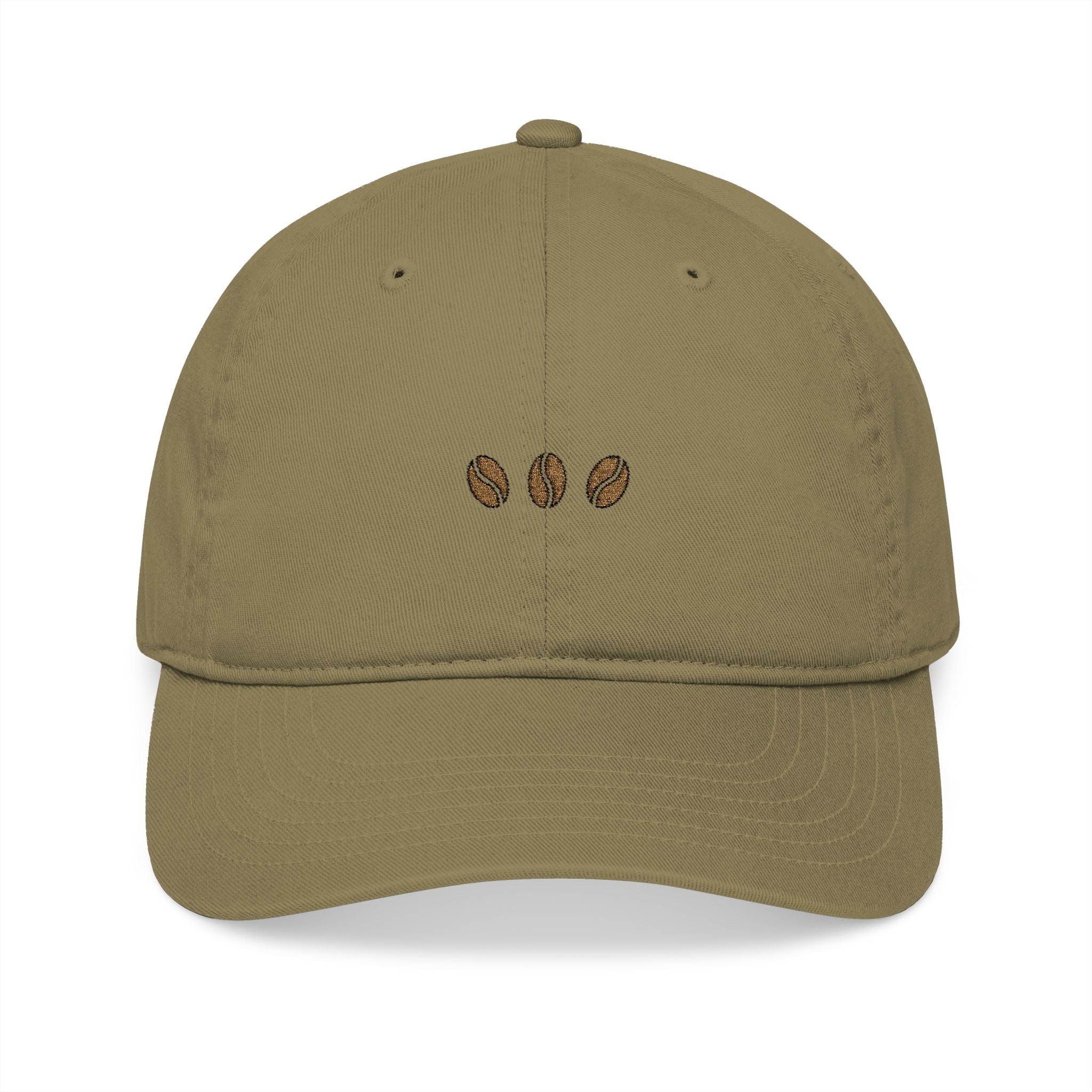 Jungle unstructured beige baseball cap with three embroidered coffee beans across the front