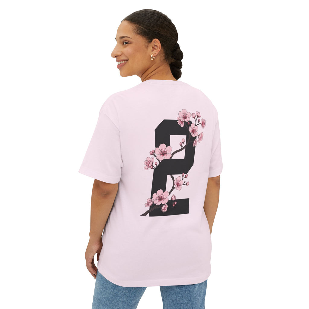 Soft Pink heavyweight boxy t-shirt back view featuring a large number 2 graphic decorated with cherry blossom flowers.