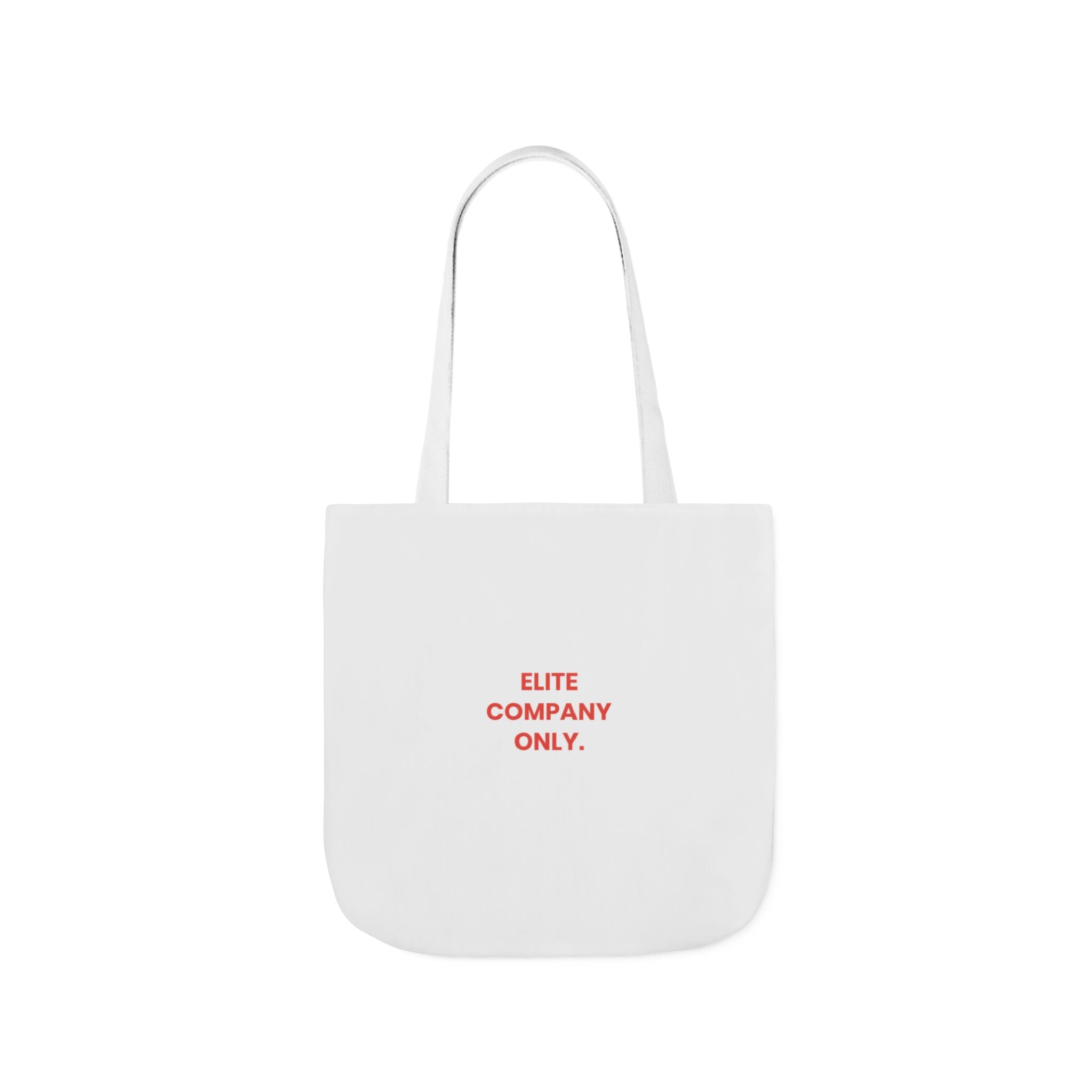 A white canvas tote bag with two shoulder straps, featuring the text 'Elite Company Only'
