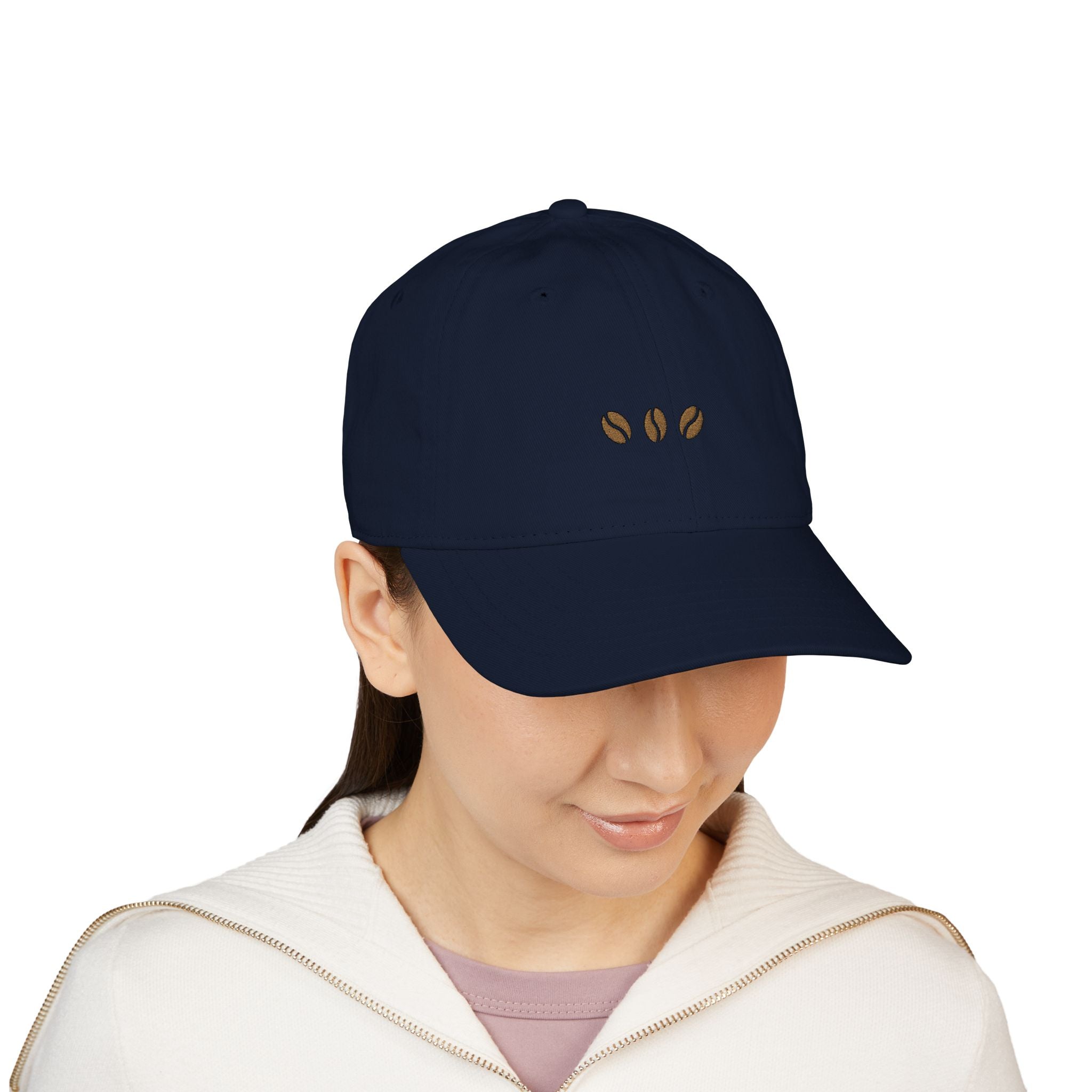 Pacific unstructured beige baseball cap with three embroidered coffee beans across the front