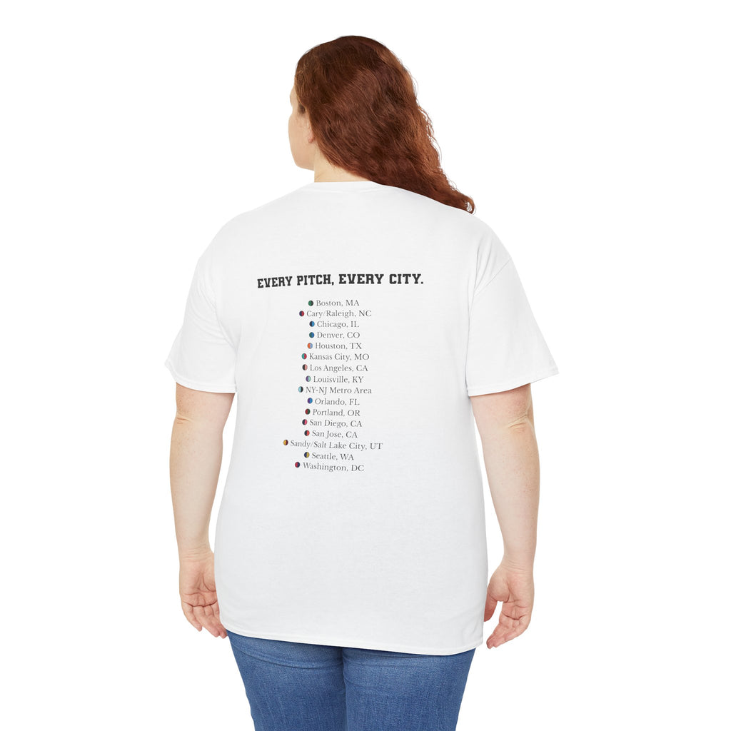 White Take Over Every City Pro League T-Shirt flat lay on a solid background.