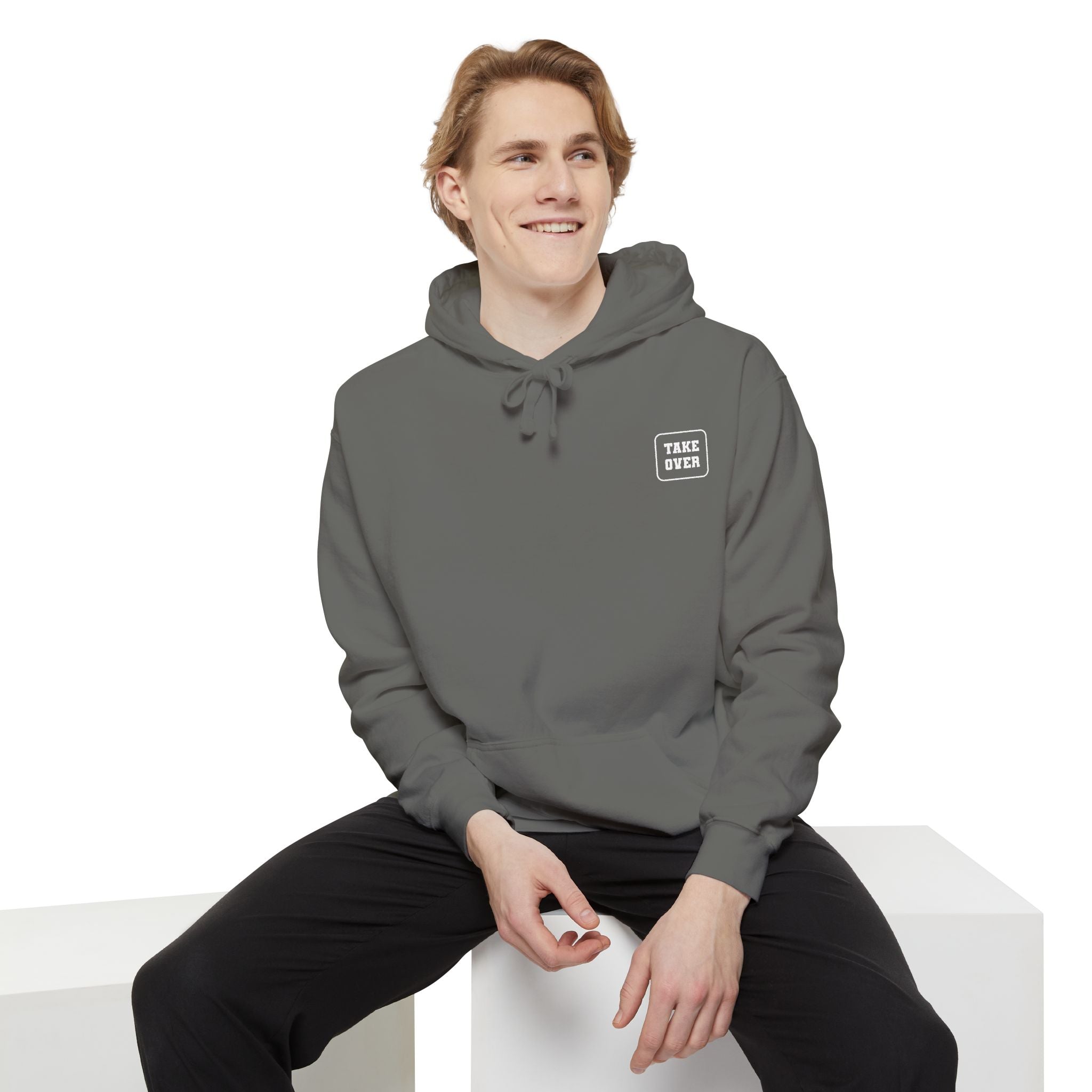 Grey hoodie with chest logo on the front and list of cities on the back