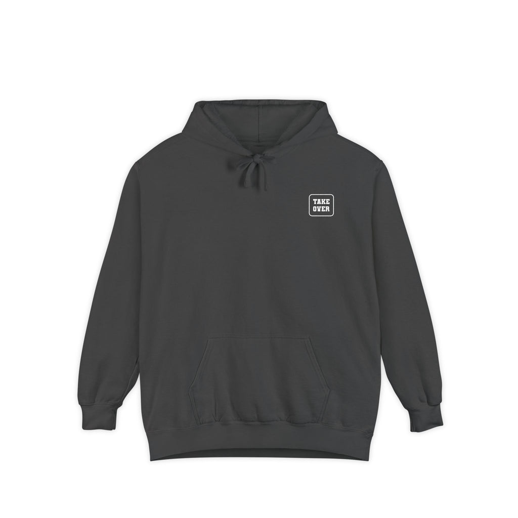 Pepper hoodie with chest logo on the front and list of cities on the back