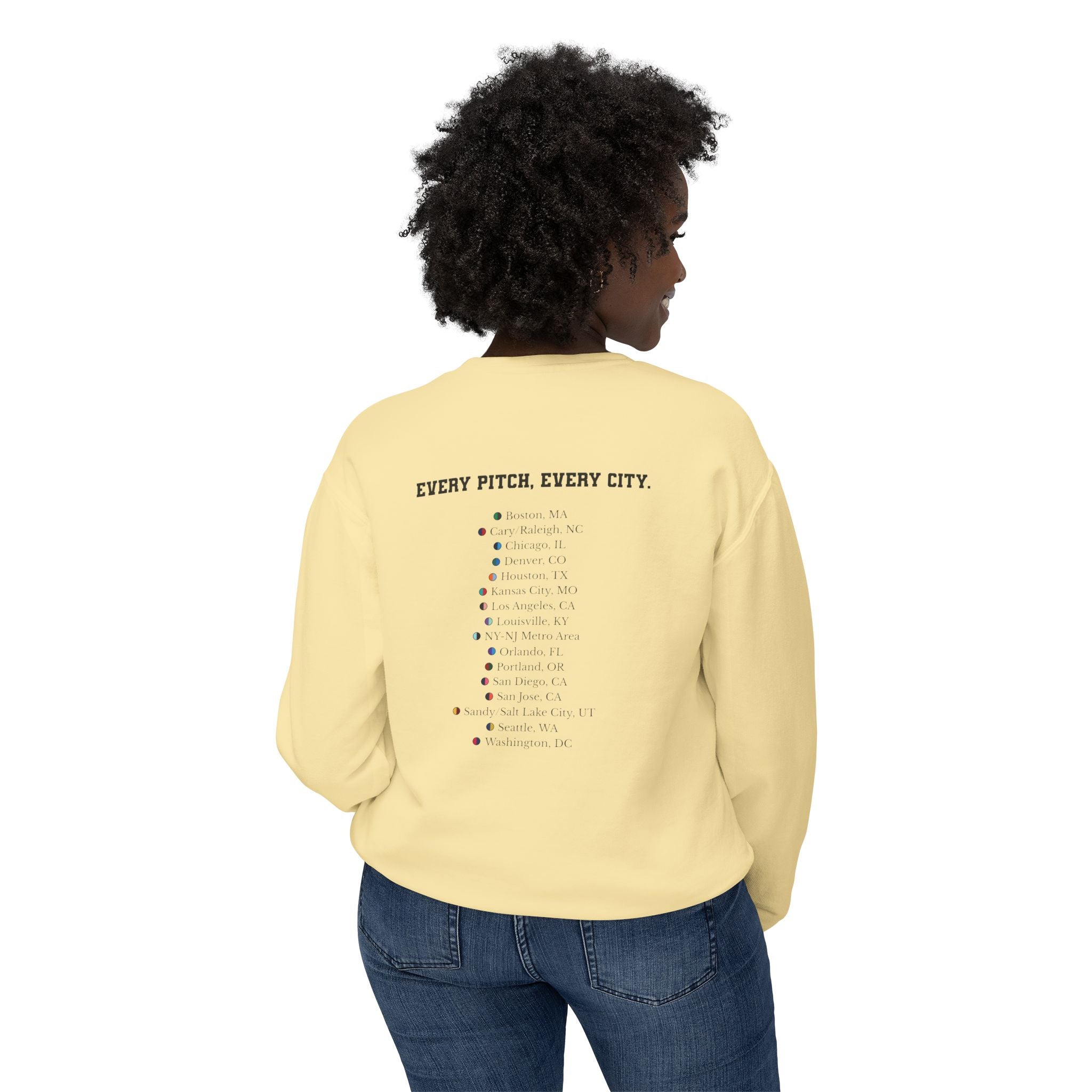 Butter sweatshirt with Take Over chest logo on the front and cities list on the back 