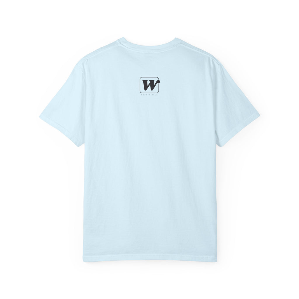 Chambray short-sleeve crewneck t-shirt featuring a small W Soccer Club logo on the back