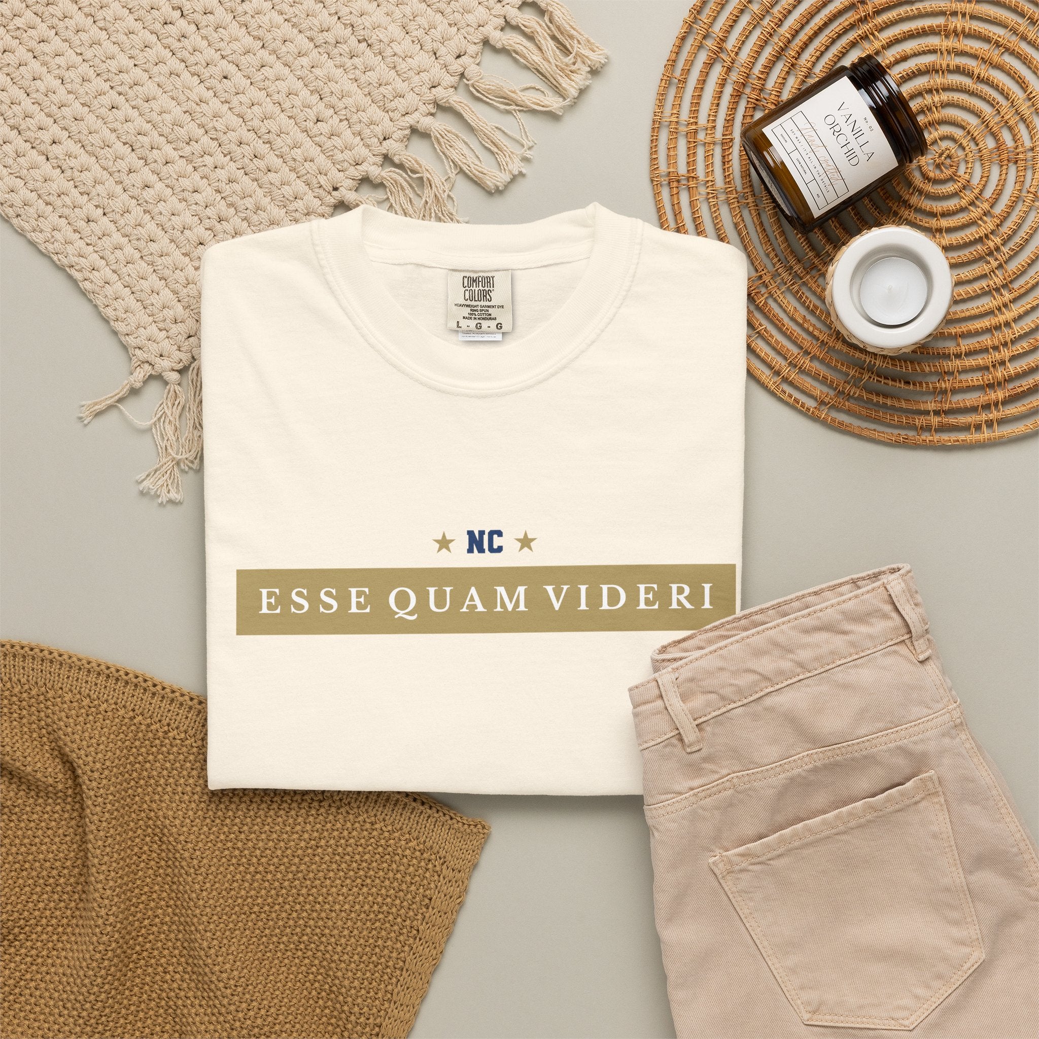 Ivory short-sleeve garment-dyed t-shirt front view with collegiate 'ESSE QUAM VIDERI' chest graphic.