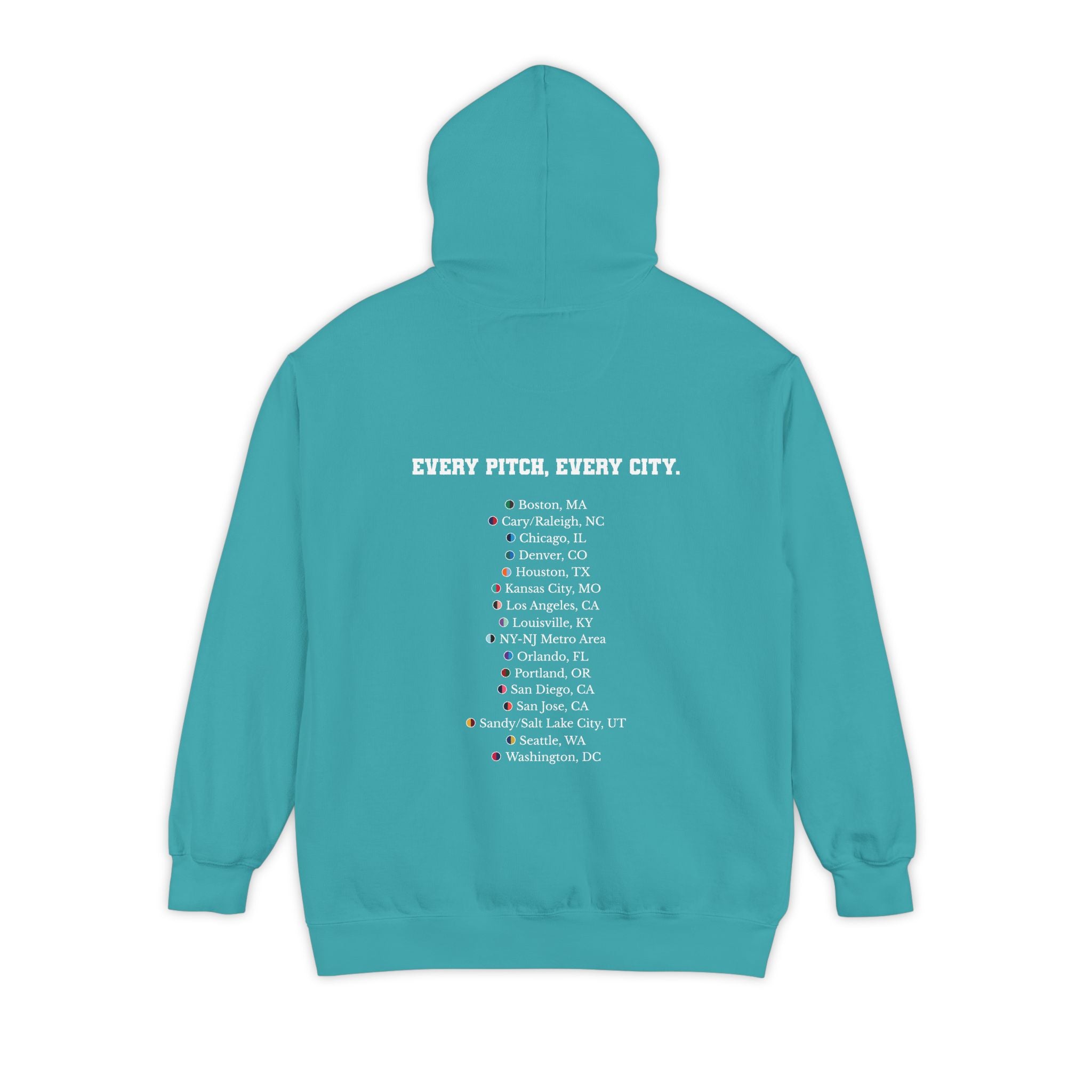 Seafoam hoodie with chest logo on the front and list of cities on the back