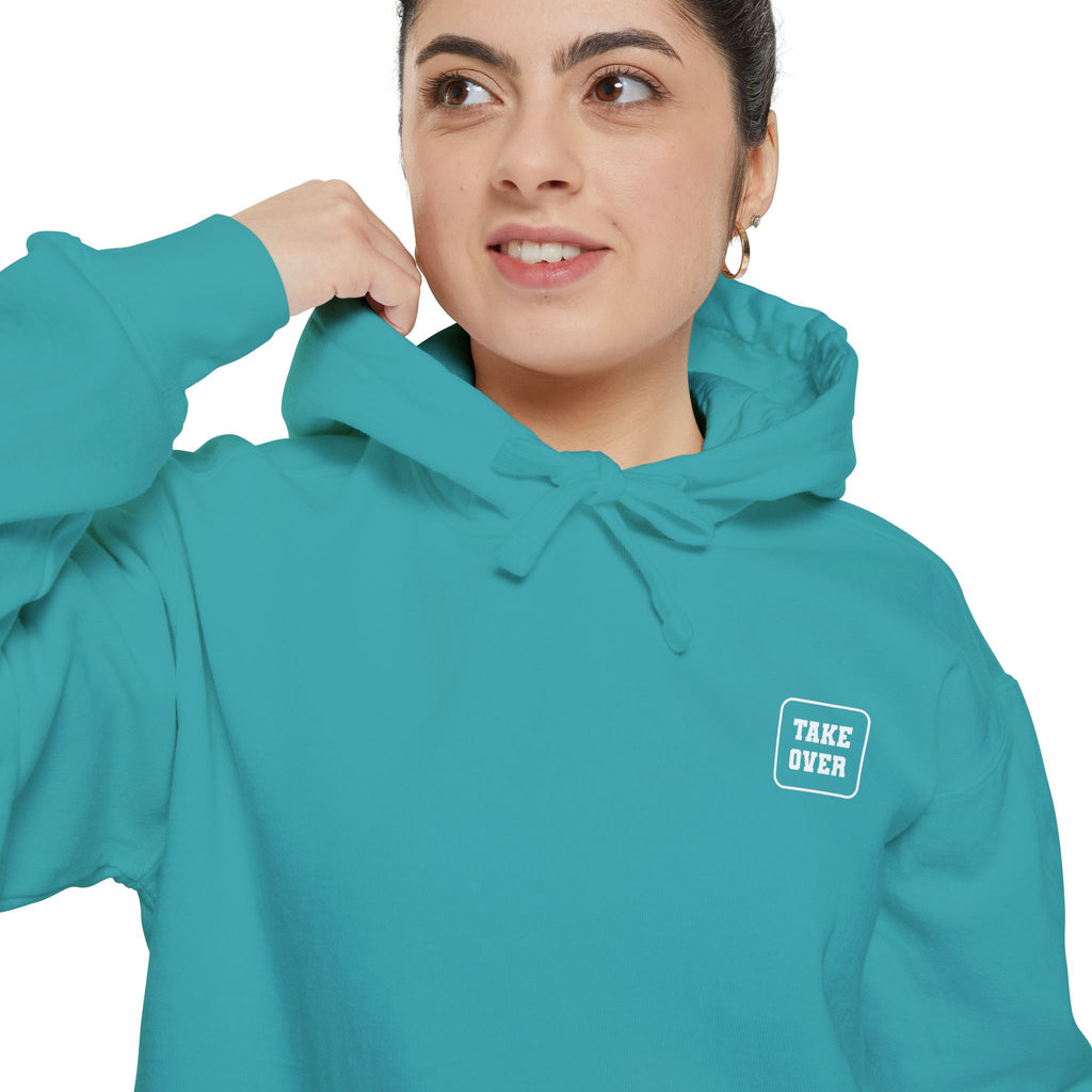 Seafoam hoodie with chest logo on the front and list of cities on the back