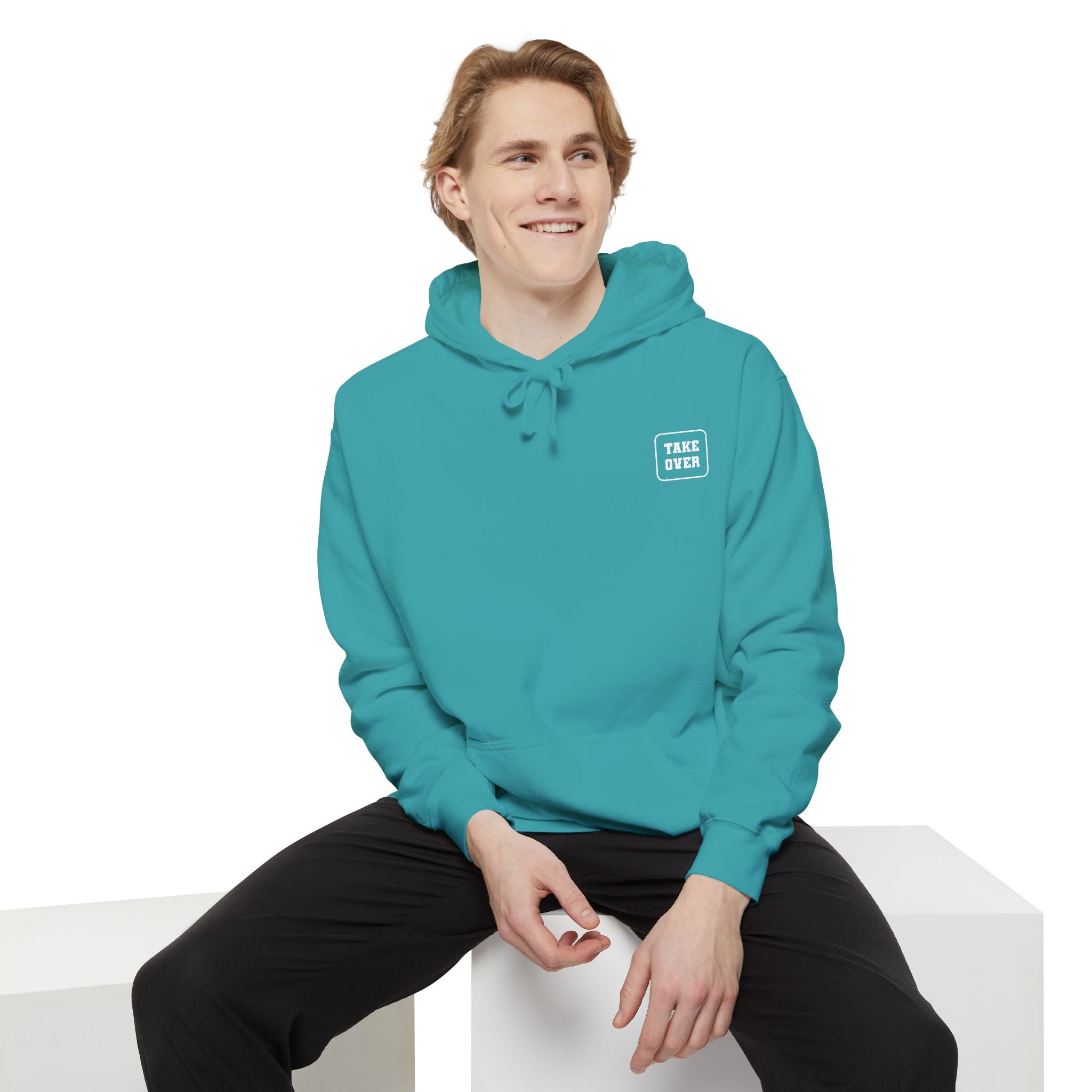 Seafoam hoodie with chest logo on the front and list of cities on the back