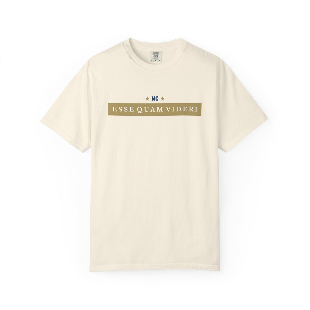Ivory short-sleeve garment-dyed t-shirt front view with collegiate 'ESSE QUAM VIDERI' chest graphic.