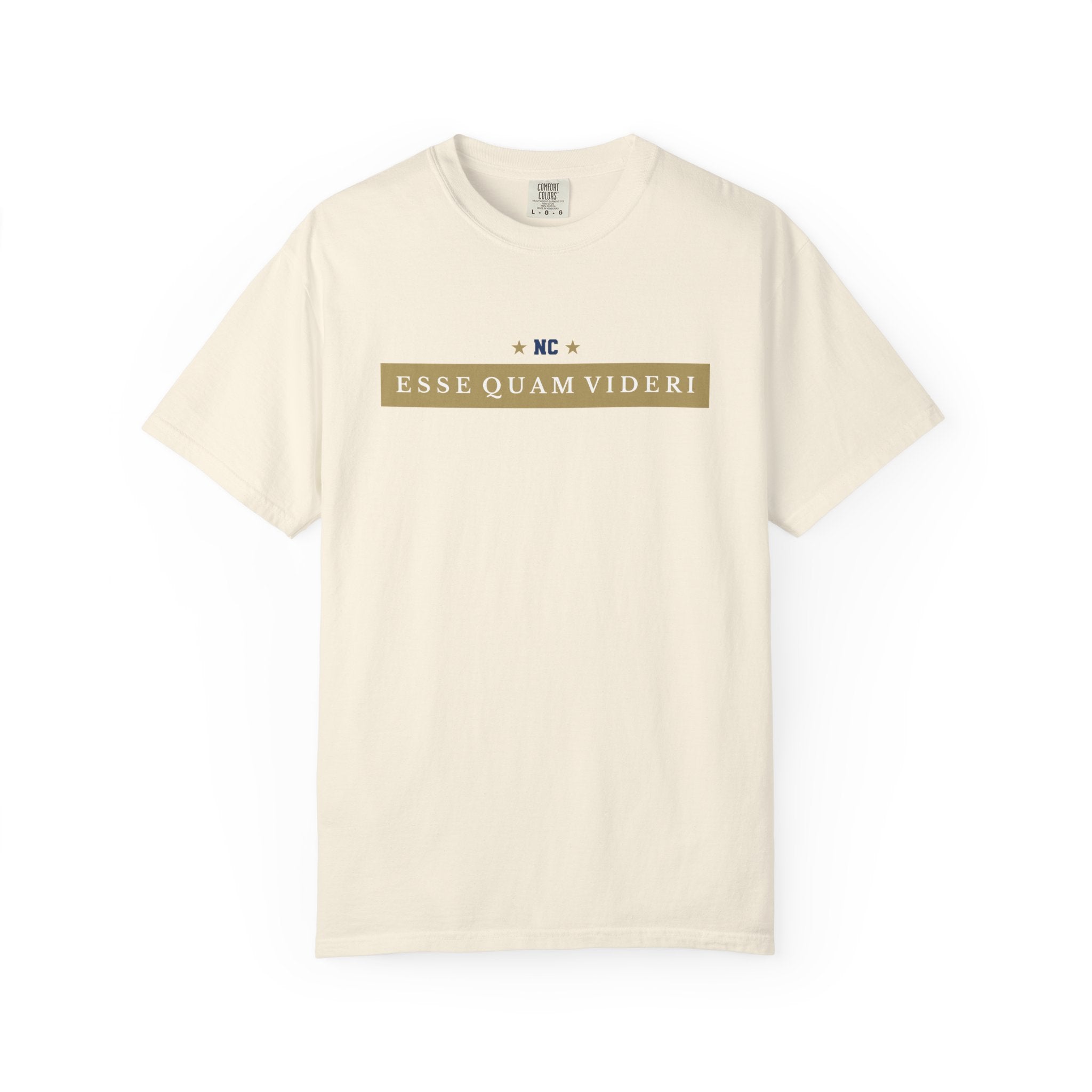 Ivory short-sleeve garment-dyed t-shirt front view with collegiate 'ESSE QUAM VIDERI' chest graphic.