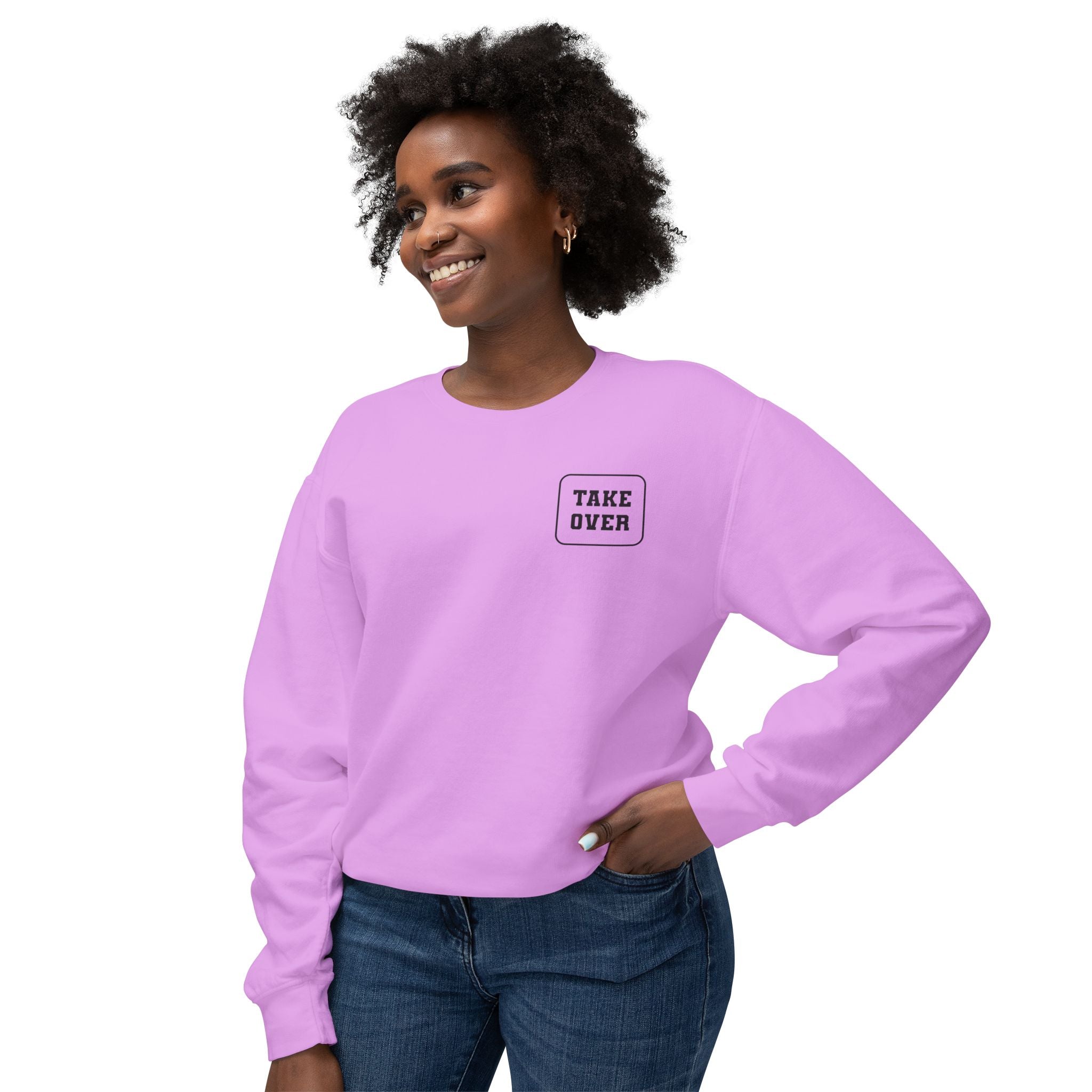 Neon Violet sweatshirt with Take Over chest logo on the front and cities list on the back 
