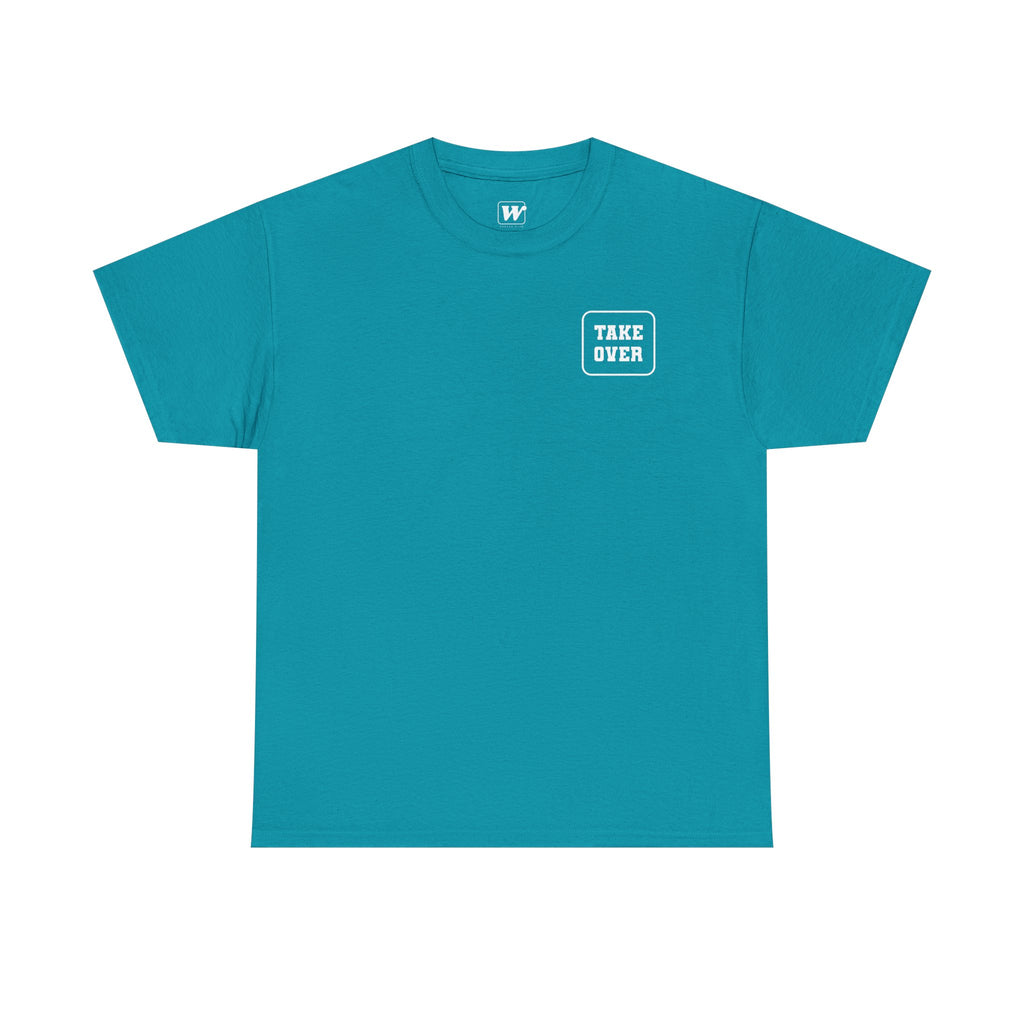 Tropical Blue Take Over Every City Pro League T-Shirt flat lay on a solid background.
