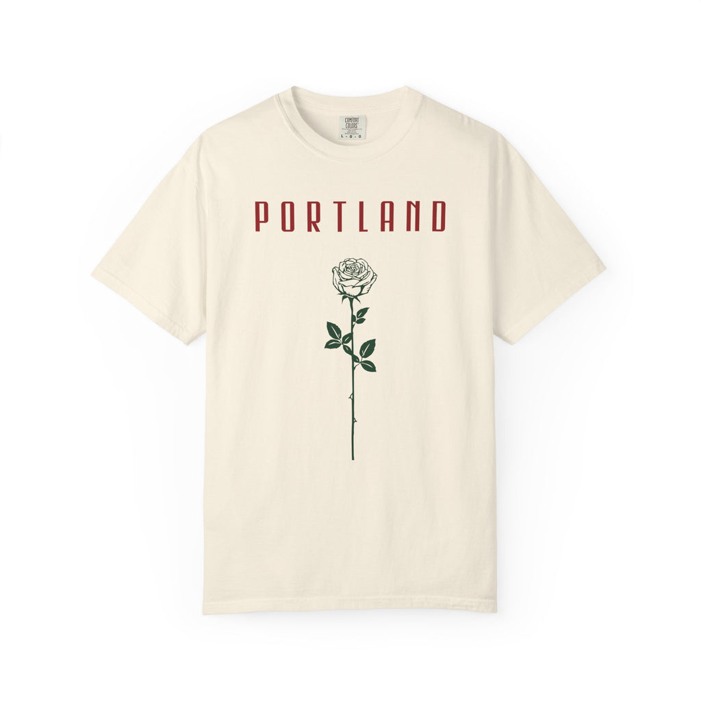 Ivory short-sleeve t-shirt with vintage Portland rose graphic print