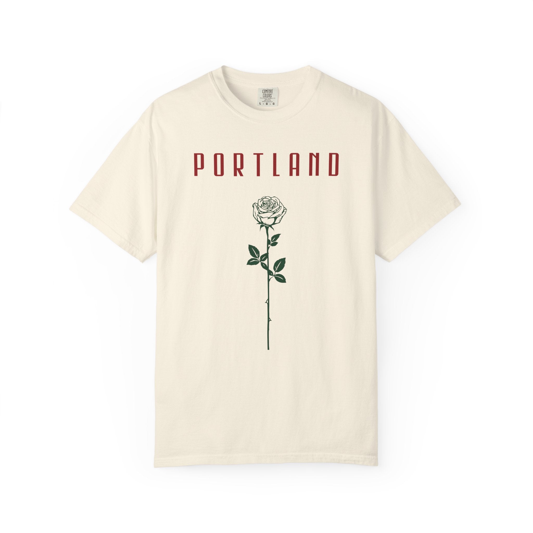 Ivory short-sleeve t-shirt with vintage Portland rose graphic print