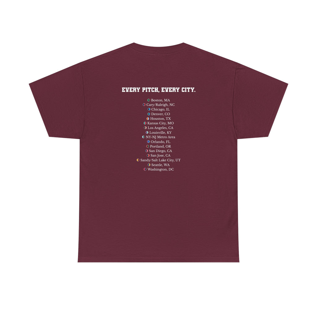 Maroon Take Over Every City Pro League T-Shirt flat lay on a solid background.