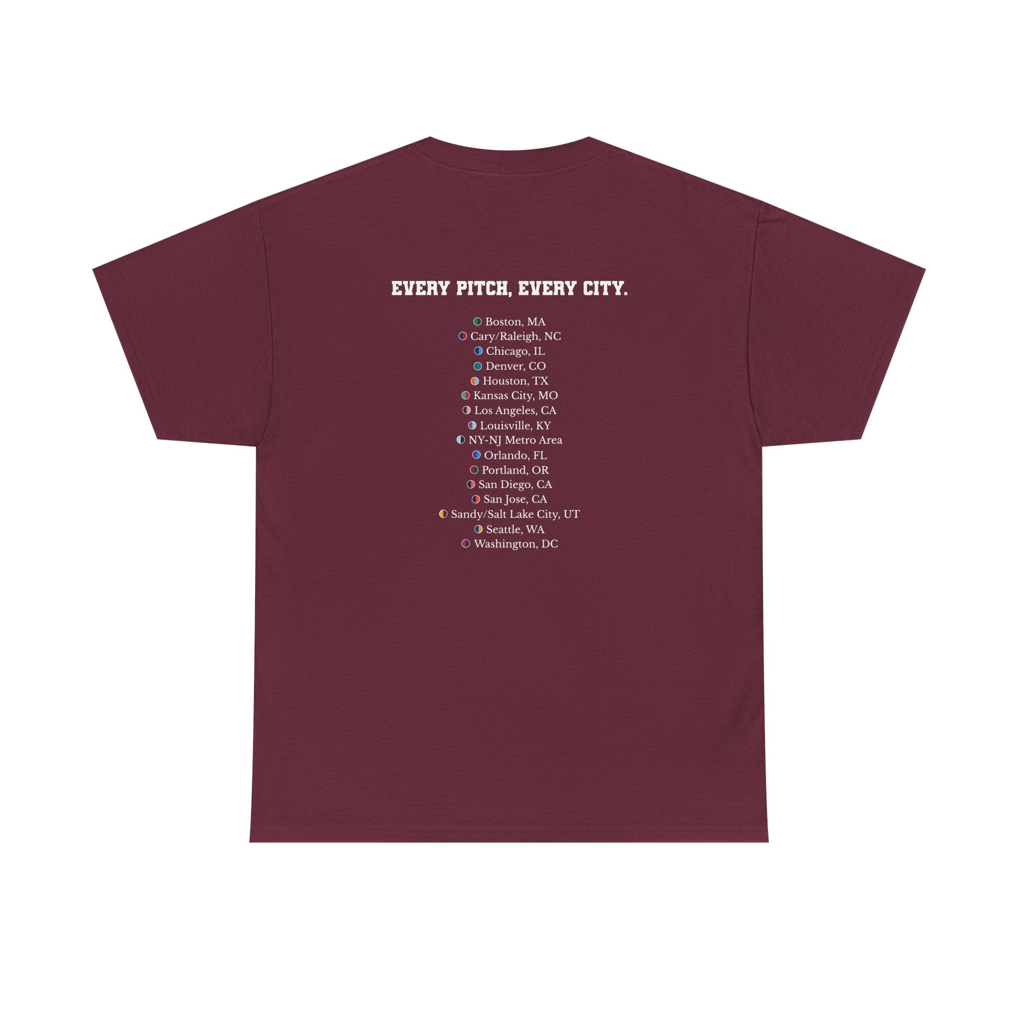 Maroon Take Over Every City Pro League T-Shirt flat lay on a solid background.