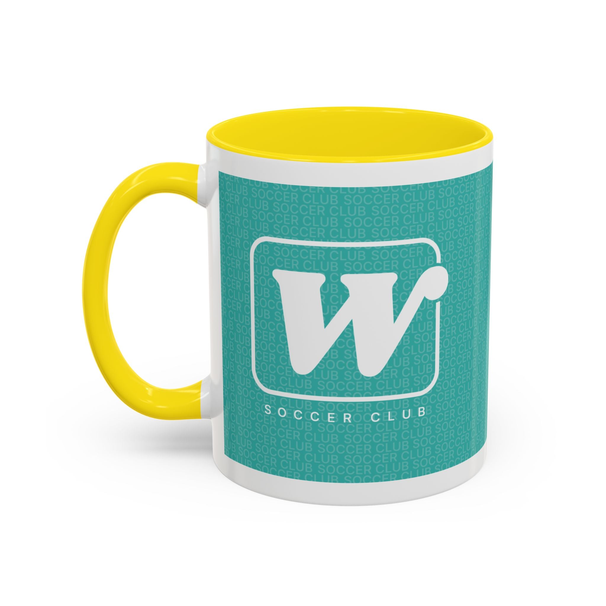 Yellow W Soccer Club ceramic accent mug, with a teal wraparound soccer club design and the bold 'W' logo 