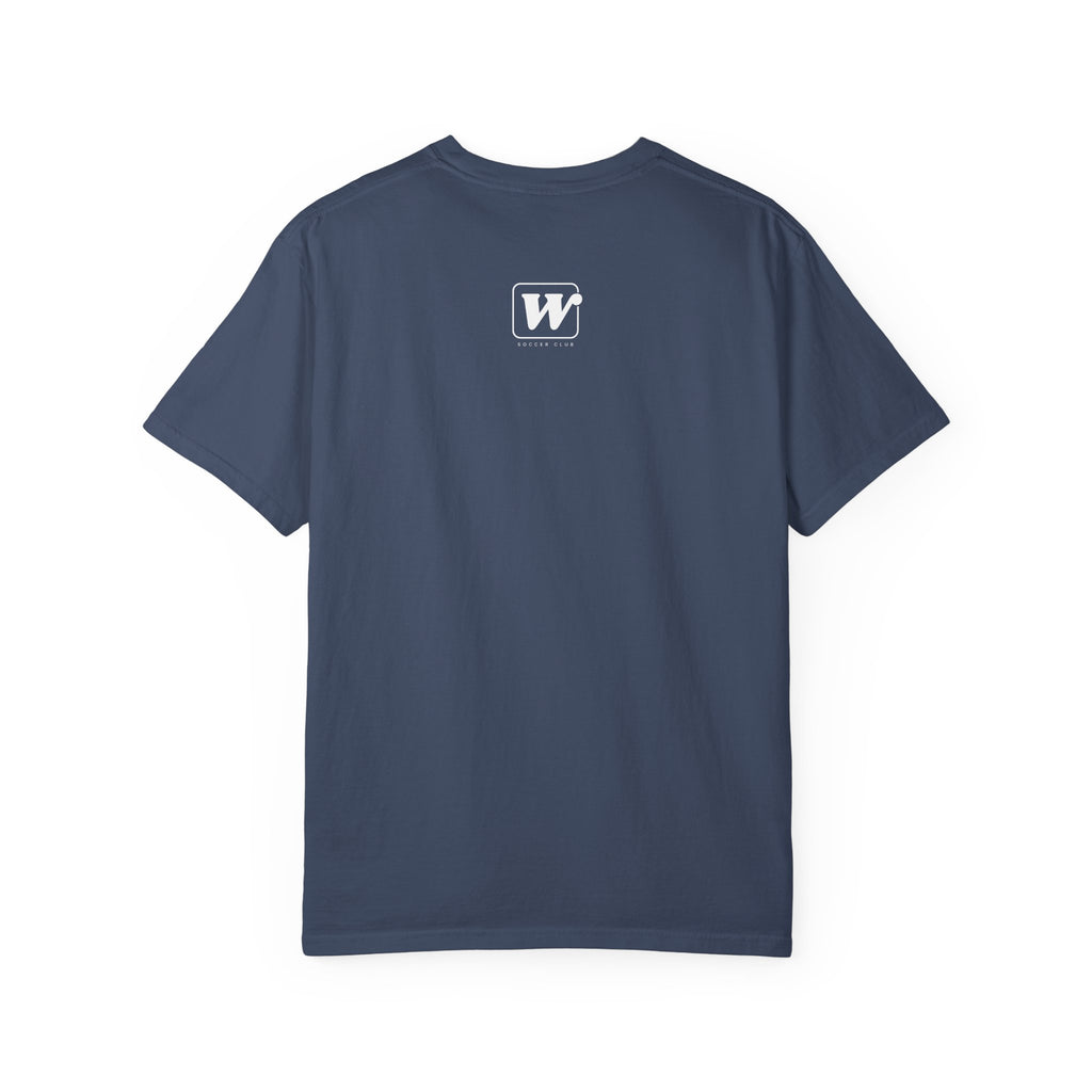 Midnight back profile of relaxed fit Houston Space City soccer apparel tee with small W logo