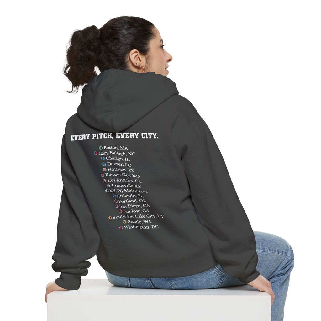 Pepper hoodie with chest logo on the front and list of cities on the back