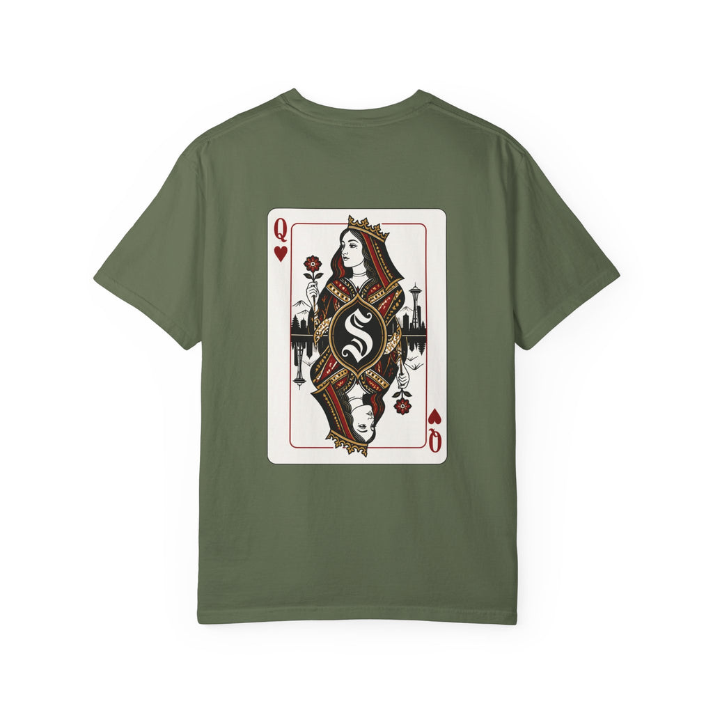 Sage green heavyweight garment-dyed t-shirt back view featuring a large custom Queen of Hearts playing card graphic with a Seattle skyline silhouette.