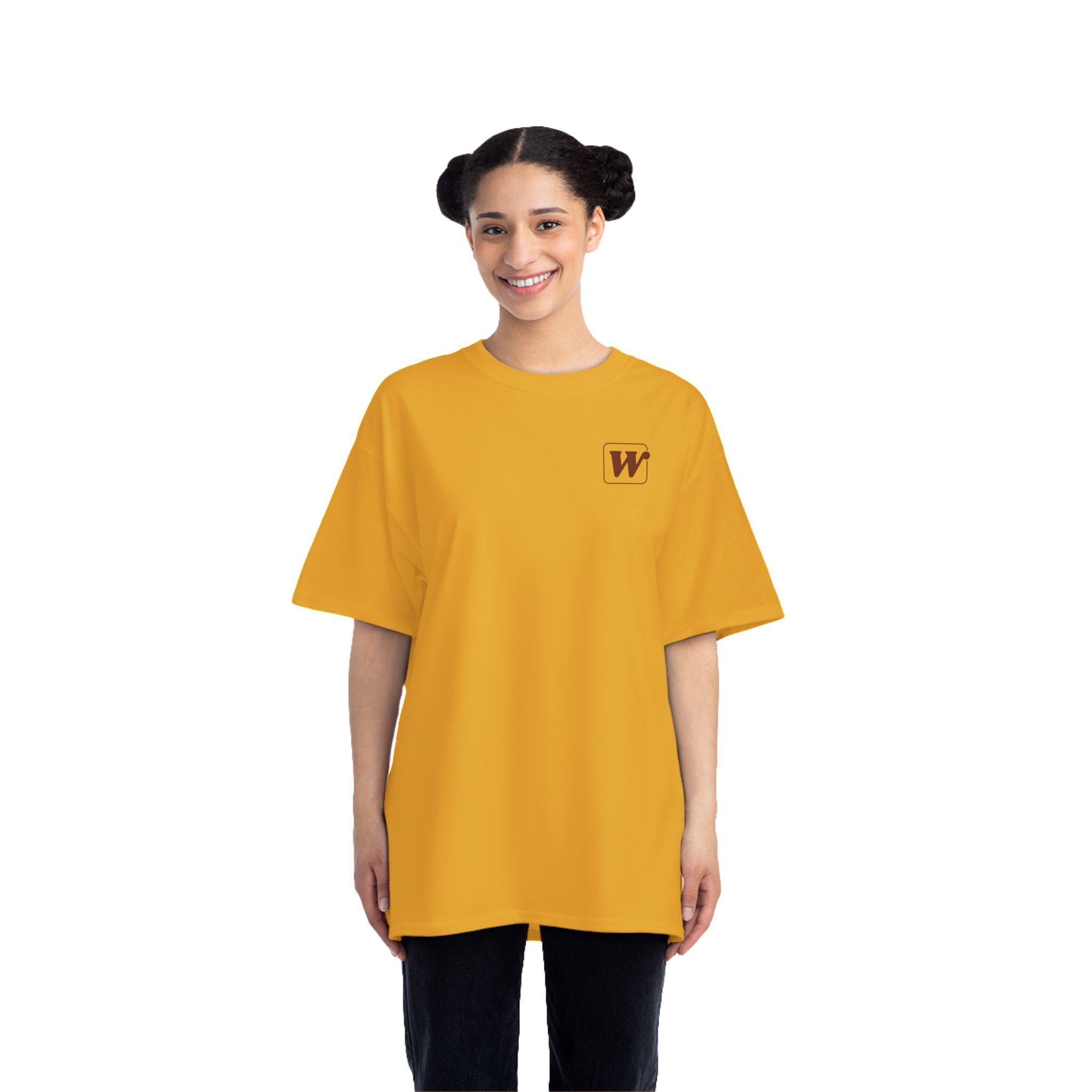 Gold W-League t-shirt featuring a front pocket W logo and back Espresso is served graphic with three clinking coffee mugs