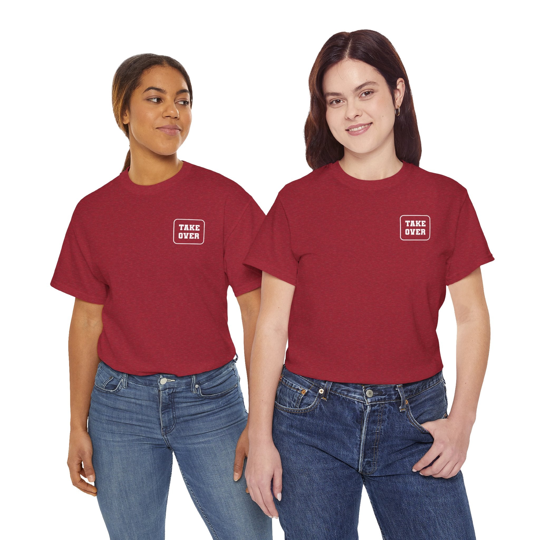 Antique Cherry Red Take Over Every City Pro League T-Shirt flat lay on a solid background.