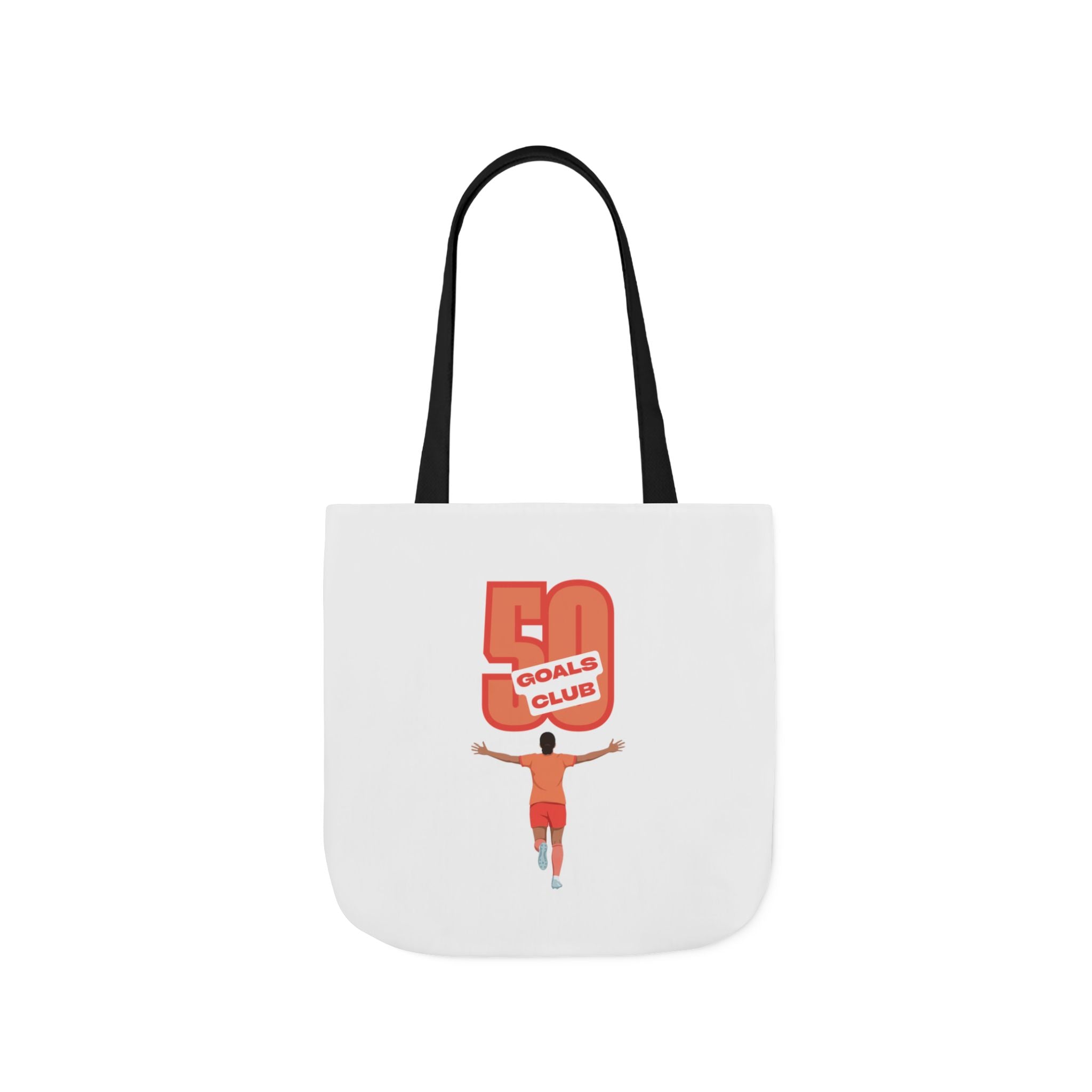 A canvas tote bag with black shoulder straps, featuring a graphic print of a player running underneath a '50 GOALS CLUB' design.