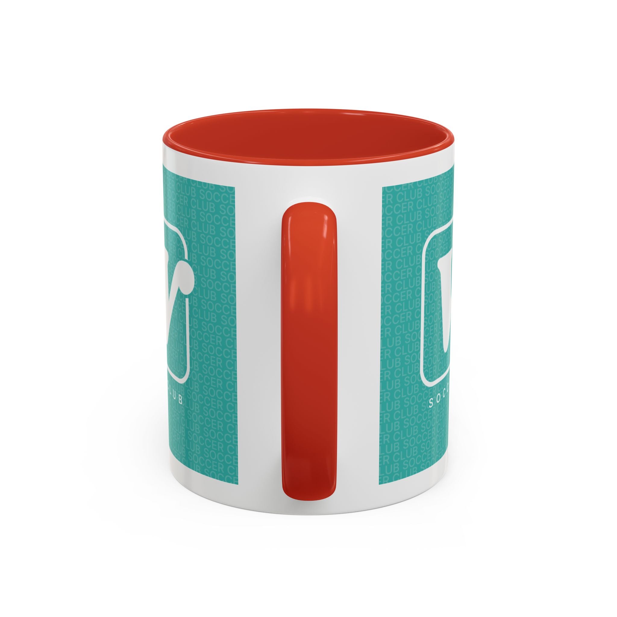 Red W Soccer Club ceramic accent mug, with a teal wraparound soccer club design and the bold 'W' logo 