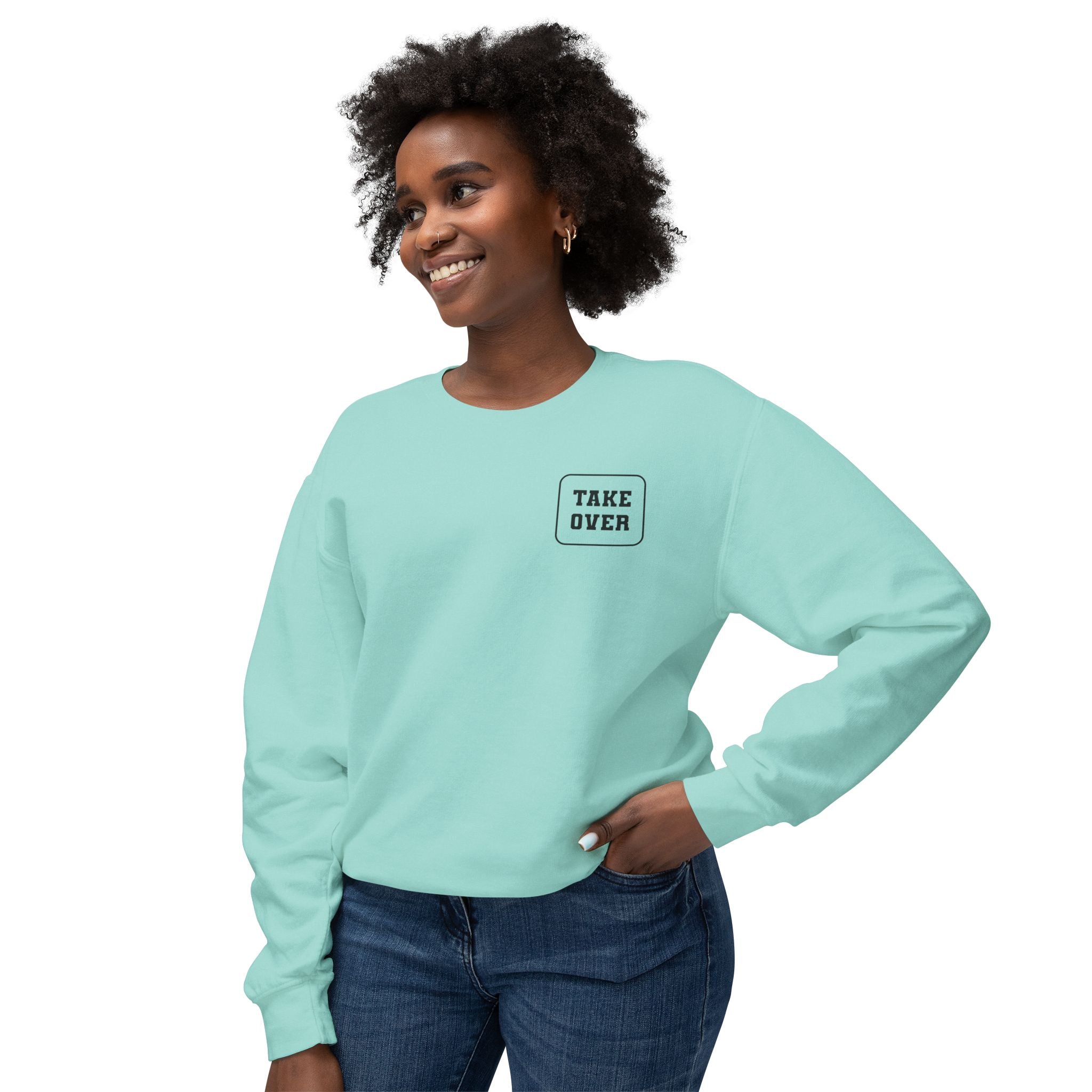 Chalky Mint sweatshirt with Take Over chest logo on the front and cities list on the back 