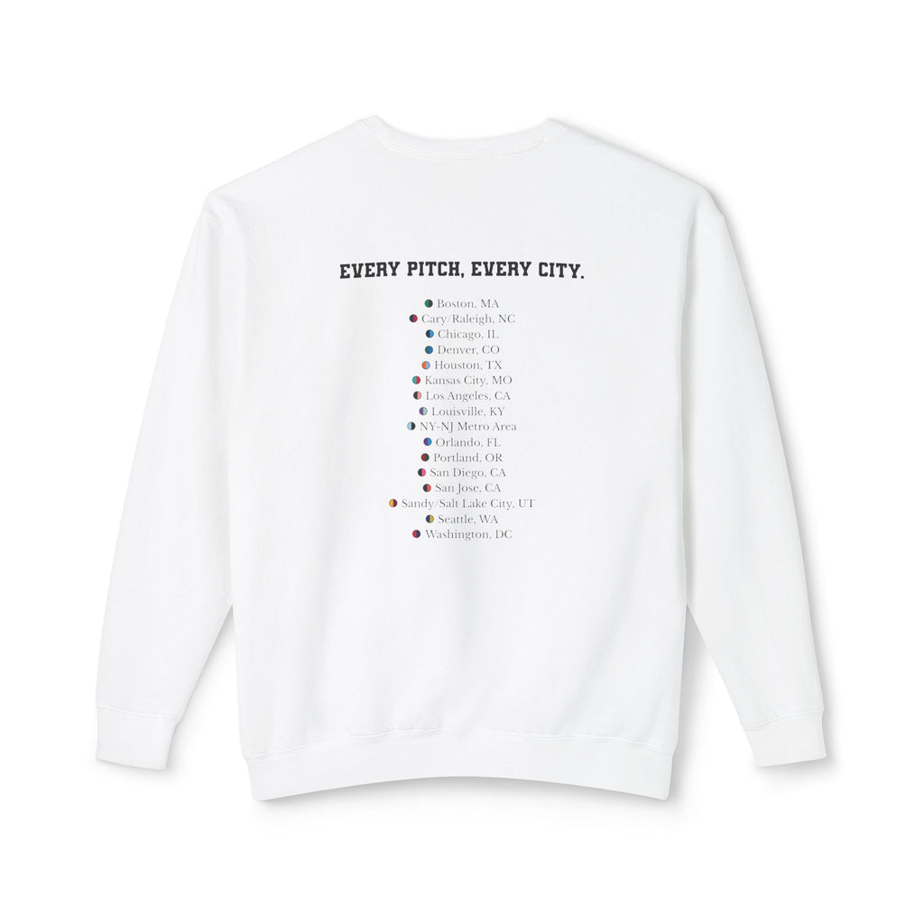 White sweatshirt with Take Over chest logo on the front and cities list on the back
