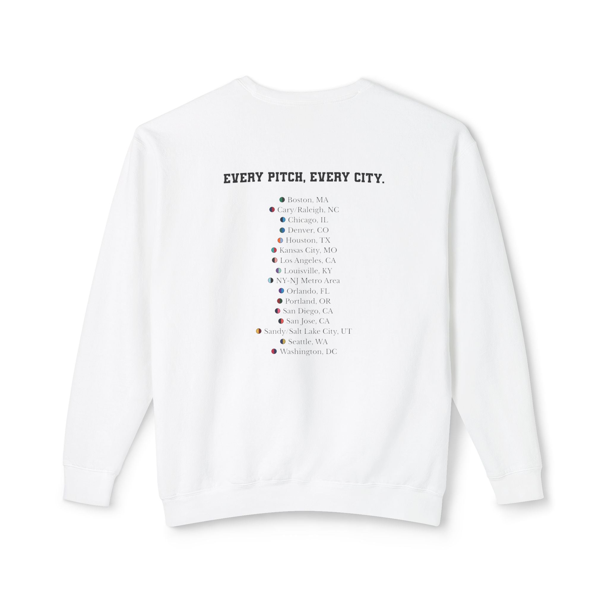 White sweatshirt with Take Over chest logo on the front and cities list on the back