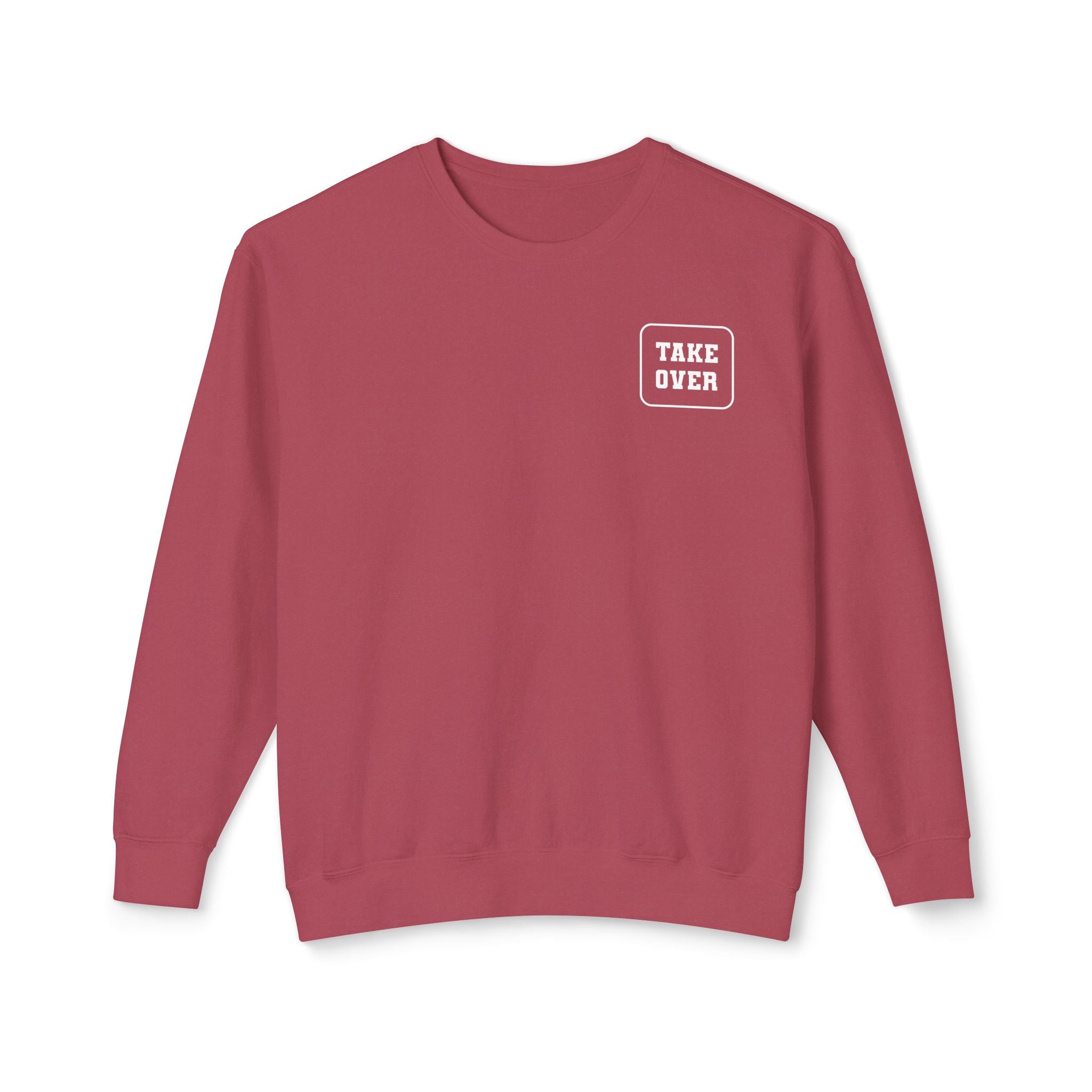 Crimson sweatshirt with Take Over chest logo on the front and cities list on the back  