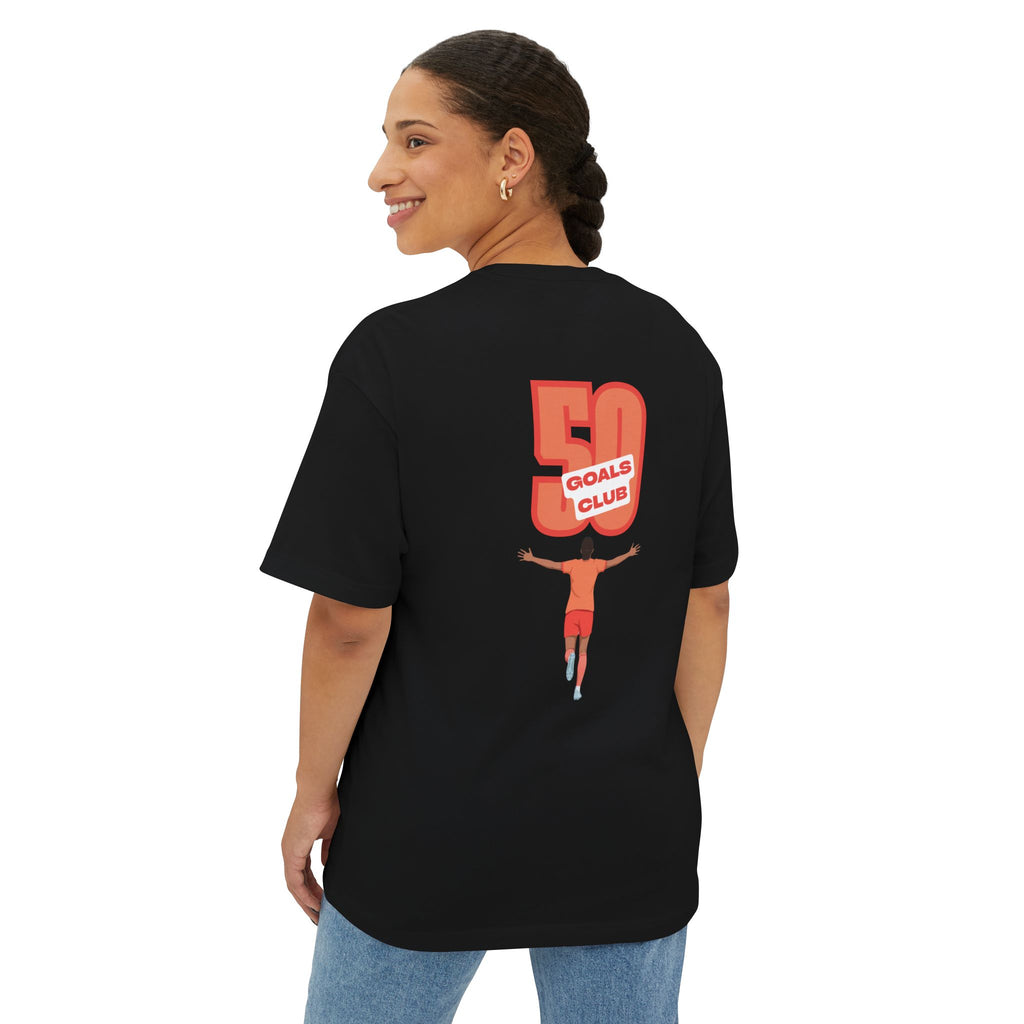 Black 'Elite Company Only' boxy t-shirt featuring a 50 Goals Club graphic print on the back