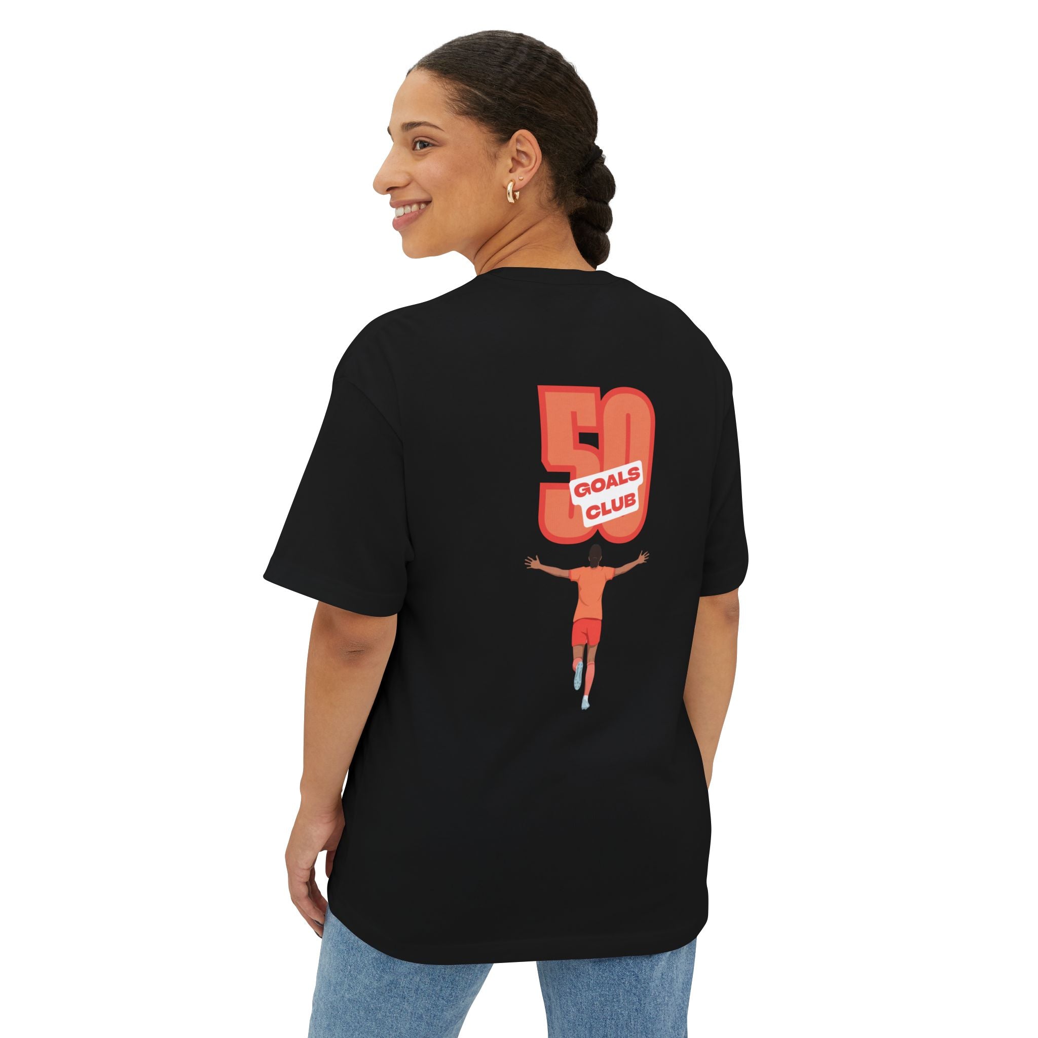 Black 'Elite Company Only' boxy t-shirt featuring a 50 Goals Club graphic print on the back